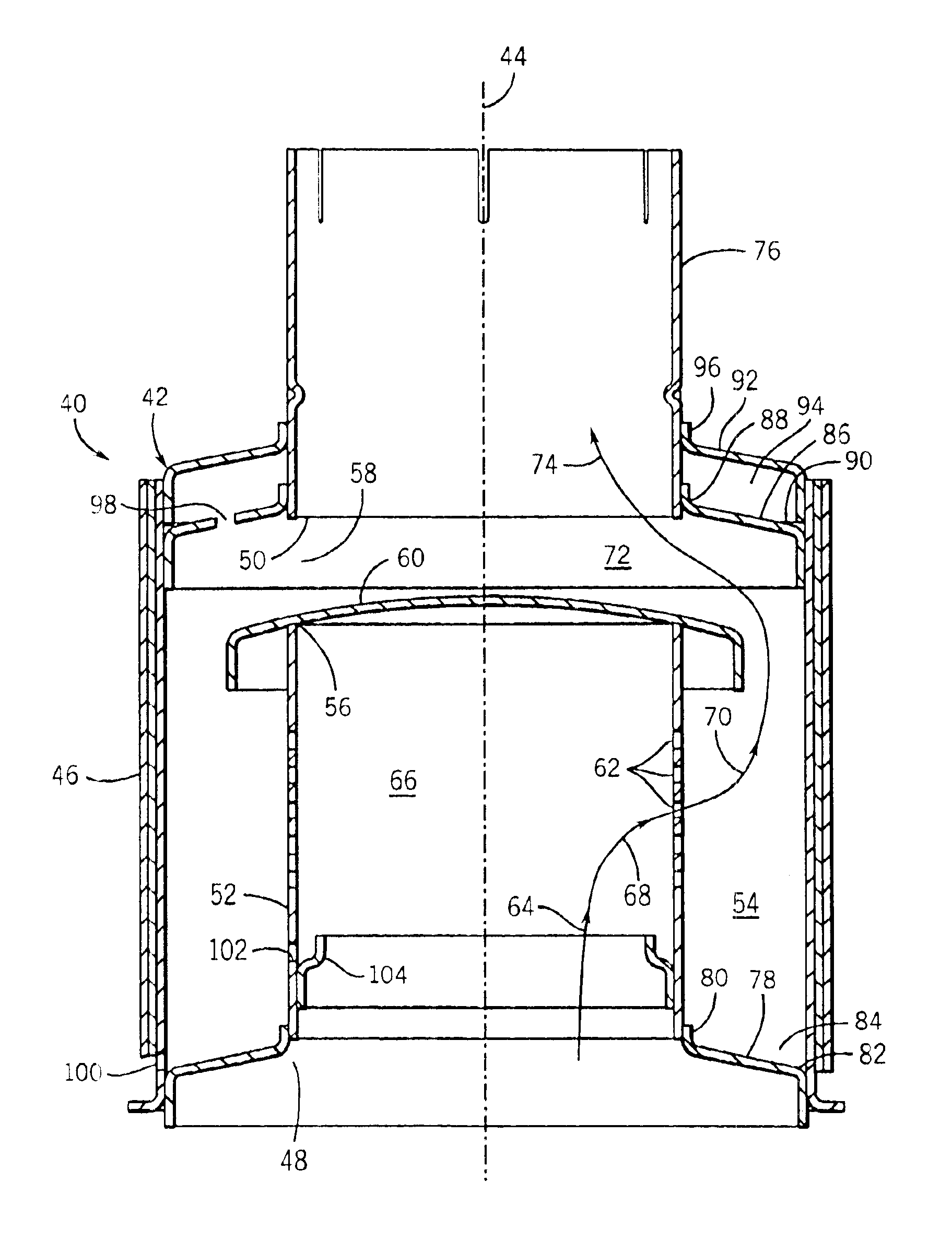 Compact, reduced backpressure, vertical exhaust water trap assembly