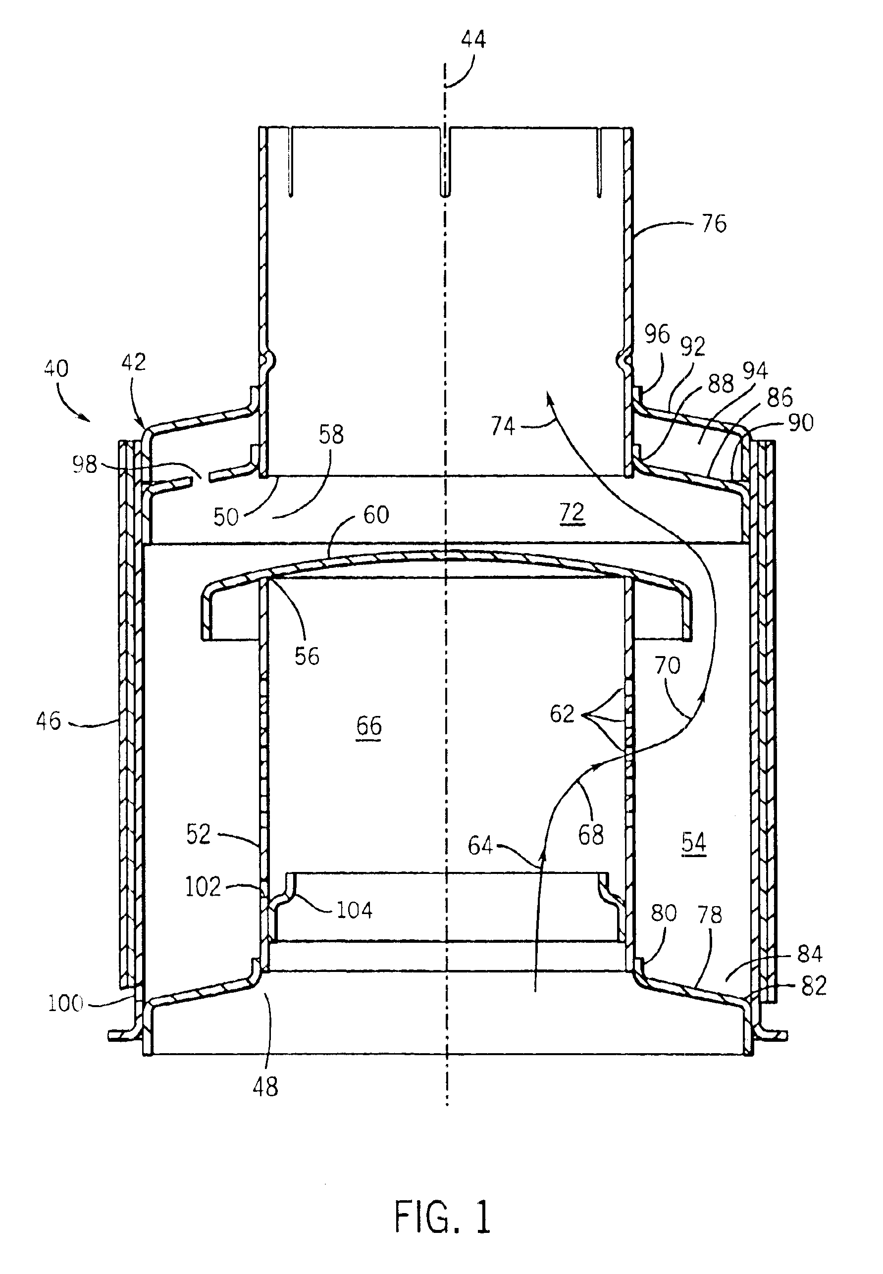 Compact, reduced backpressure, vertical exhaust water trap assembly