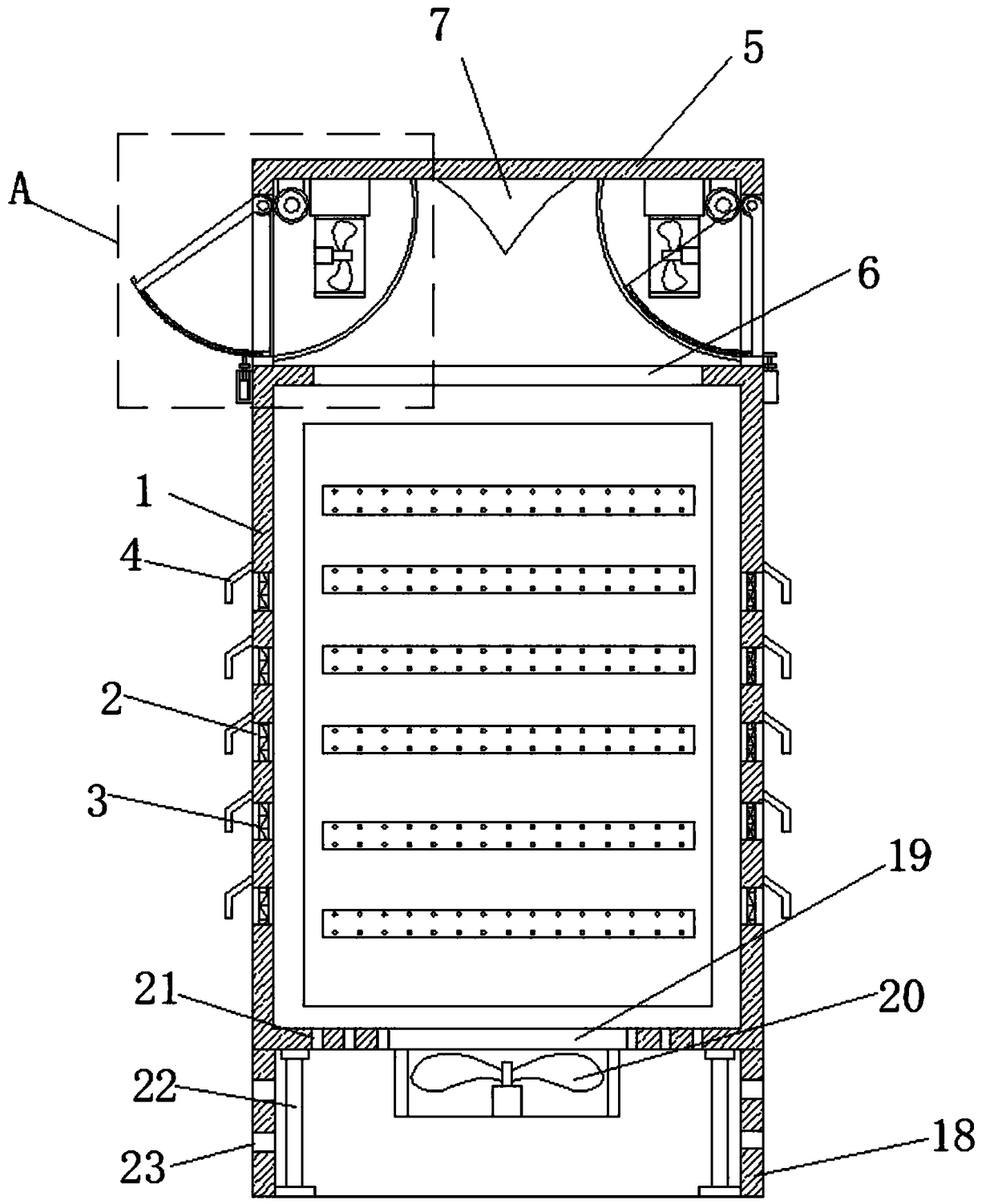 An outdoor distribution cabinet with dust prevention and ventilation functions