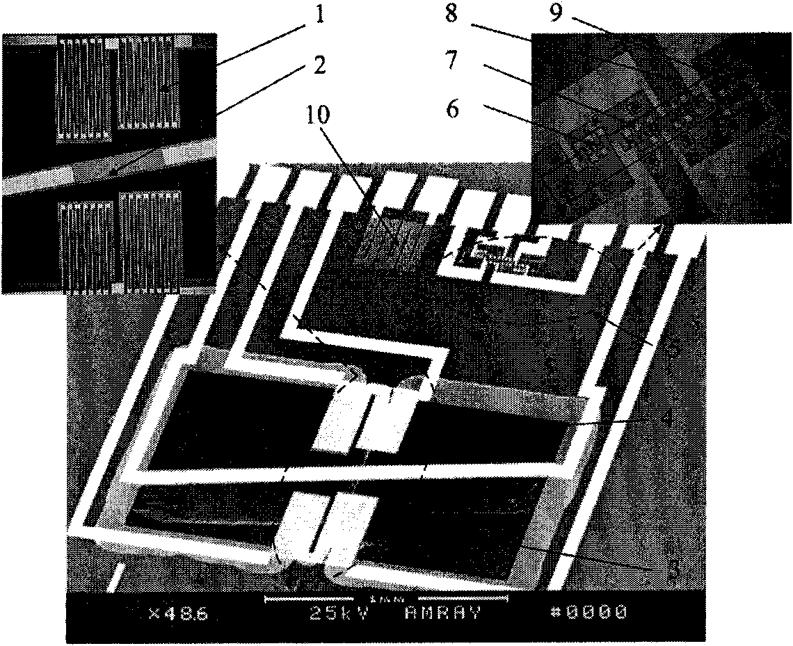 Integrated silicon chip for testing acceleration, pressure and temperature, and manufacturing method thereof