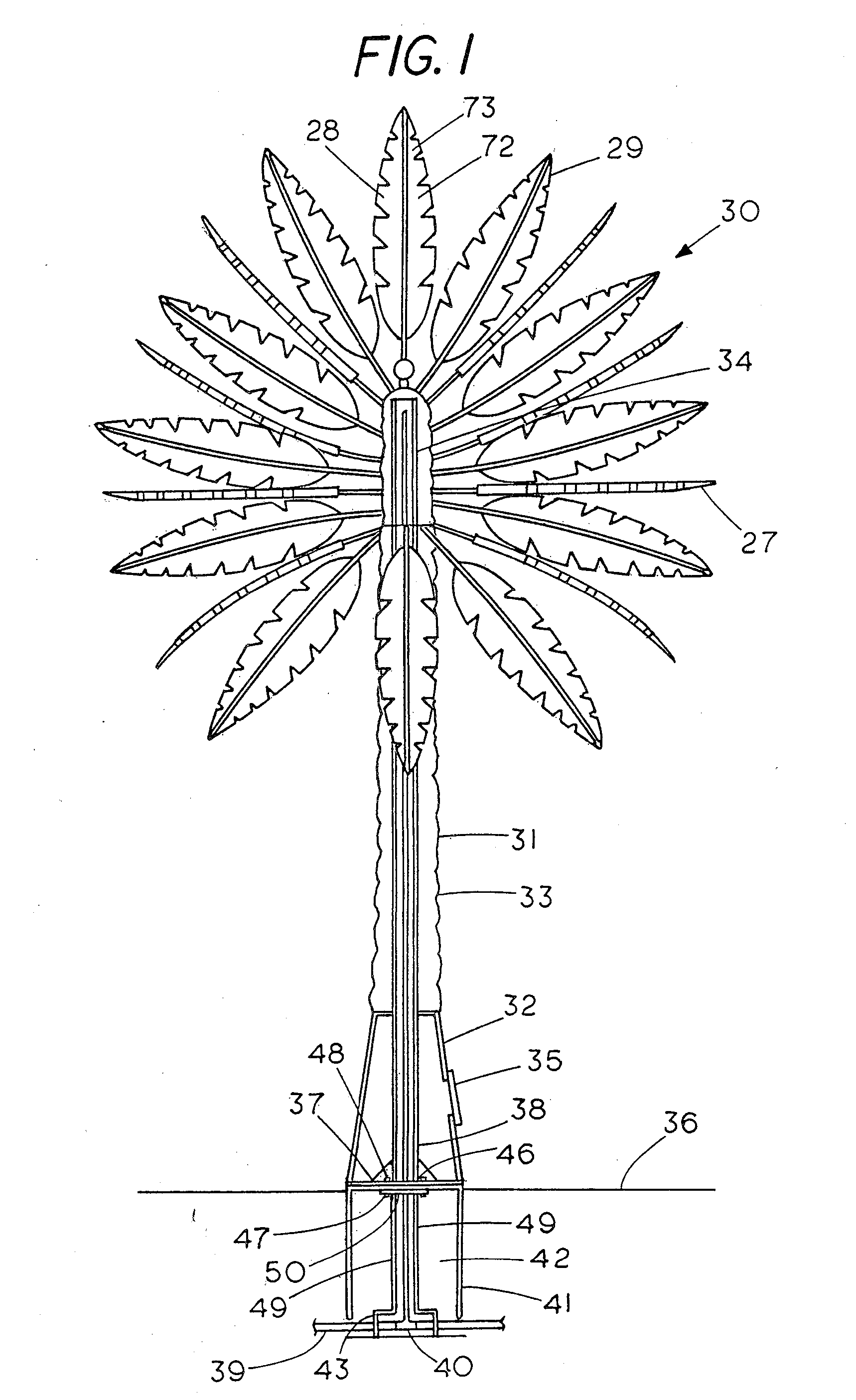 Solar array resembling natural foliage including means for wireless transmission of electric power