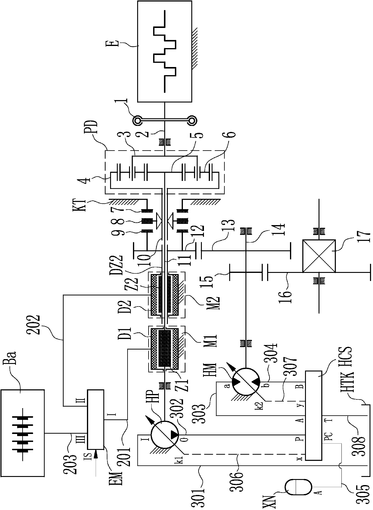 Gasoline-electric and hydraulic compound hybrid power transmission system