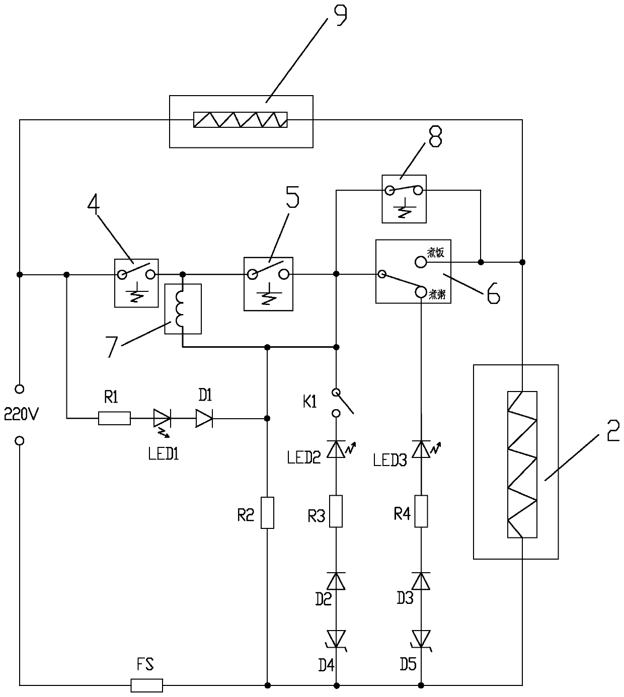 Electric heating switch circuit of porridge and rice dual-purpose electric cooker