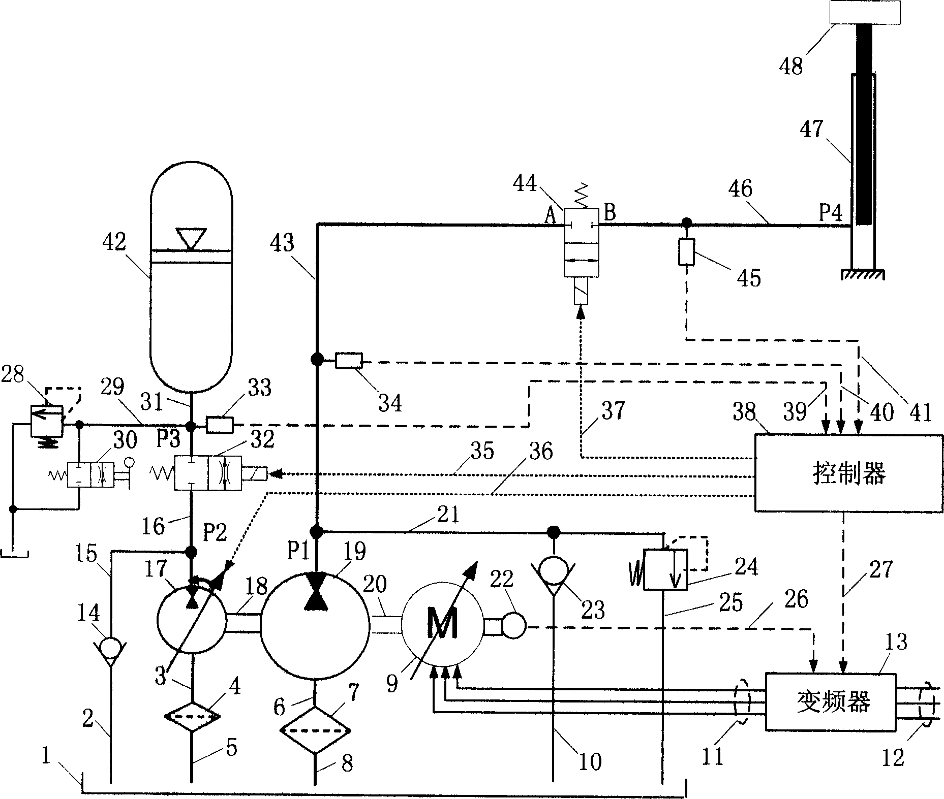 Energy saving hydraulic lifting system of variable hydraulic counterweight