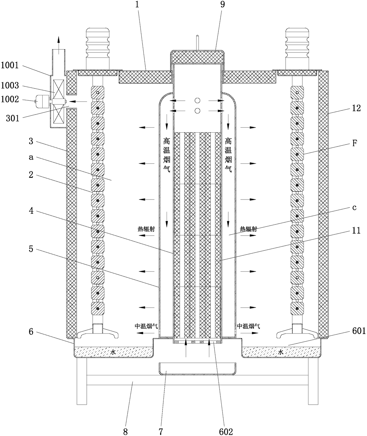 Forced-exhaust-type radiant carbon stove