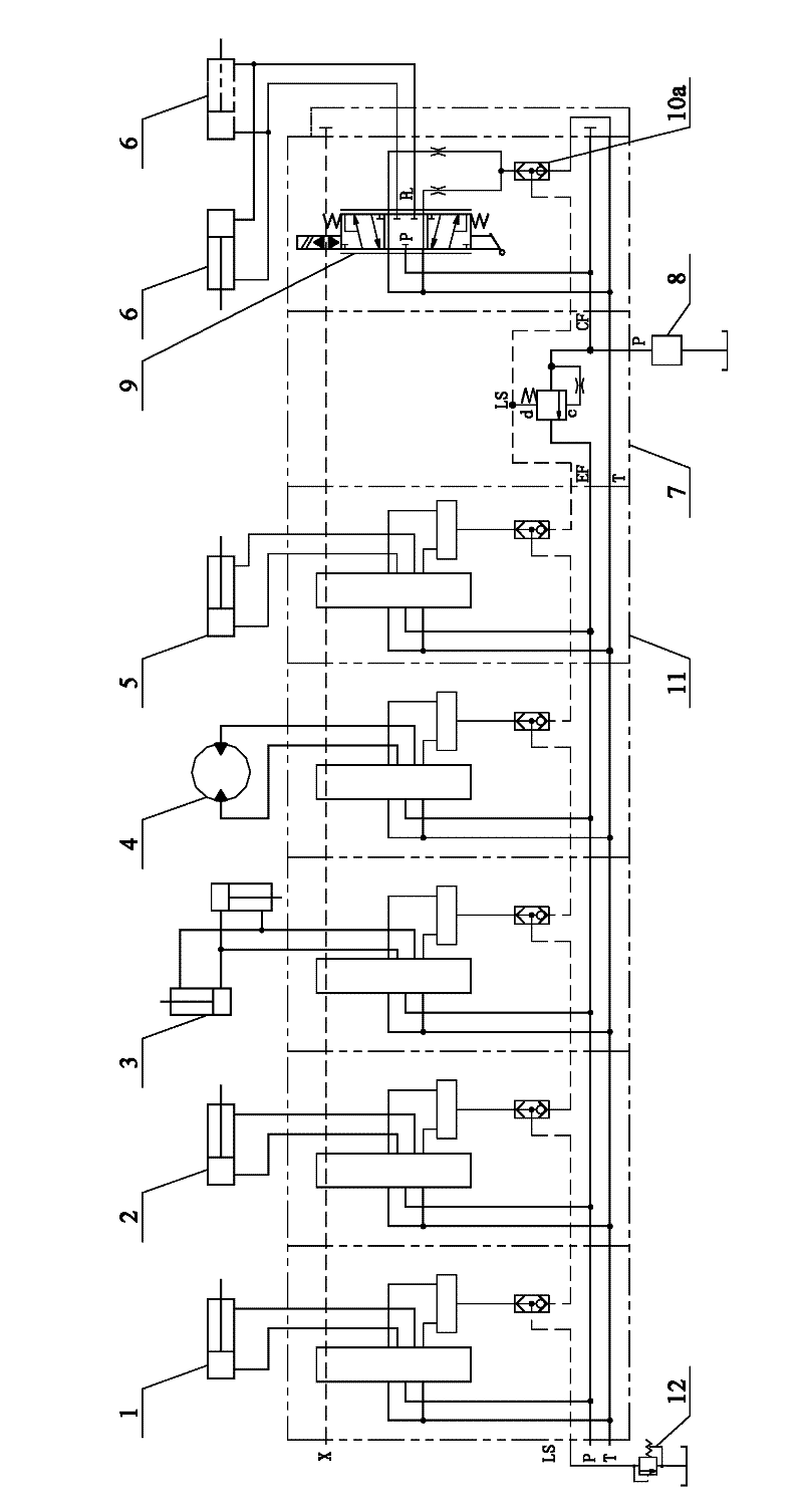 Compound action hydraulic control system and wheeled construction machinery applying same