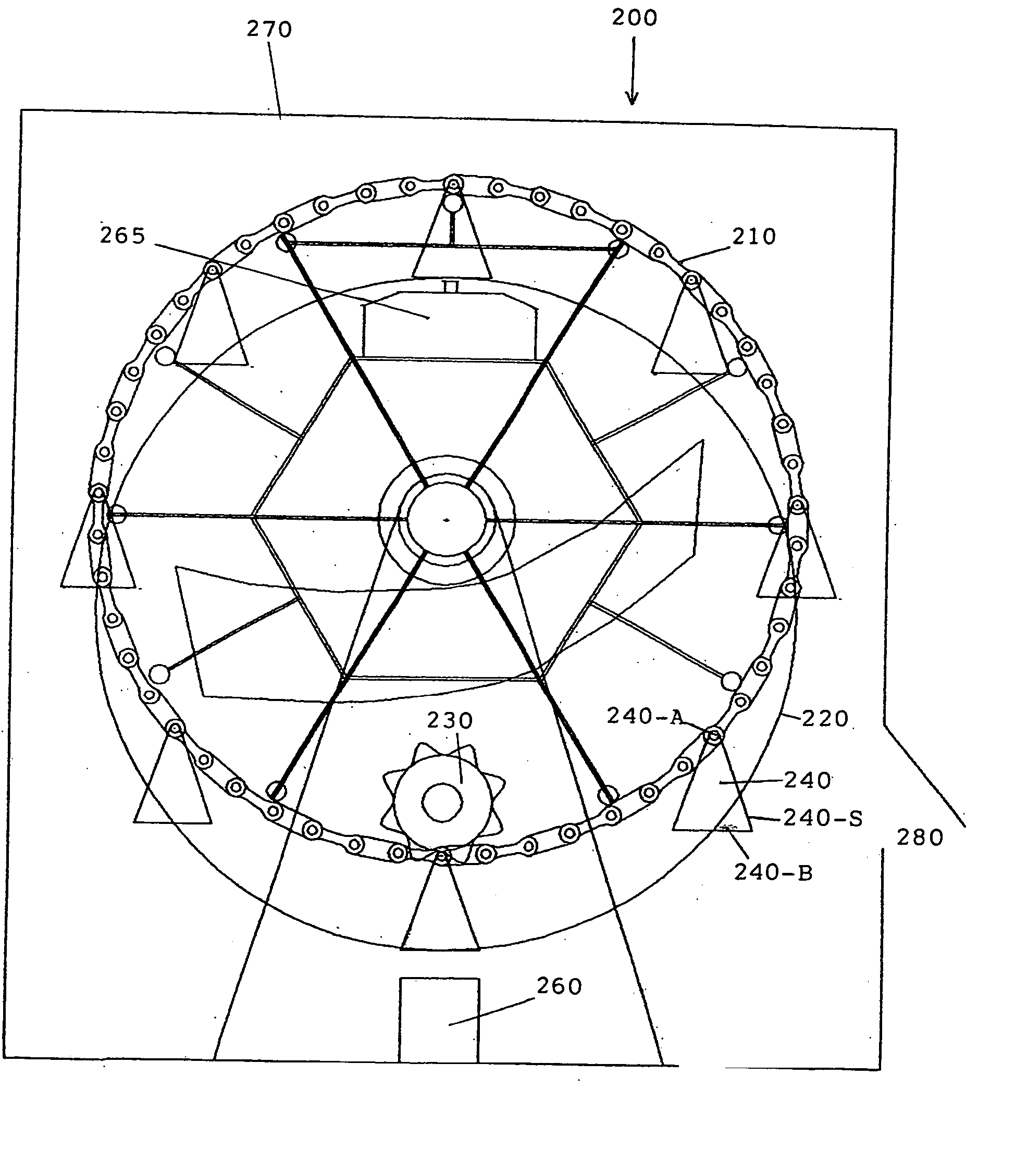 Rotating chains or rings carry vertically hanging trays for heat processes in a furnace