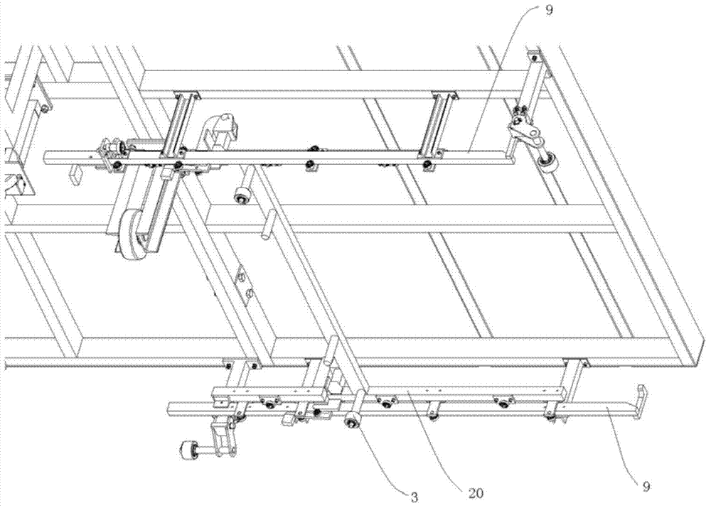 Workpiece containing device used for rail conveying trolley, sliding plate and sliding plate conveying line