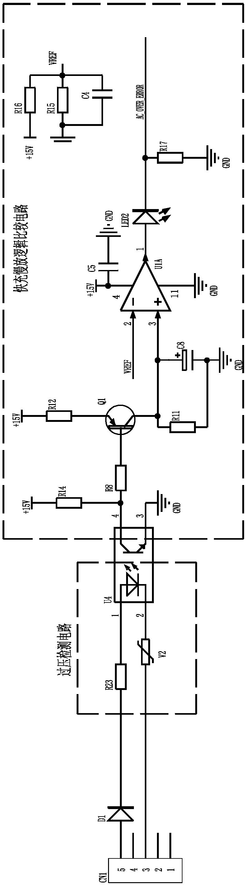 Three-phase electricity over-voltage, under-voltage and default phase alarm circuit based on peak voltage detection