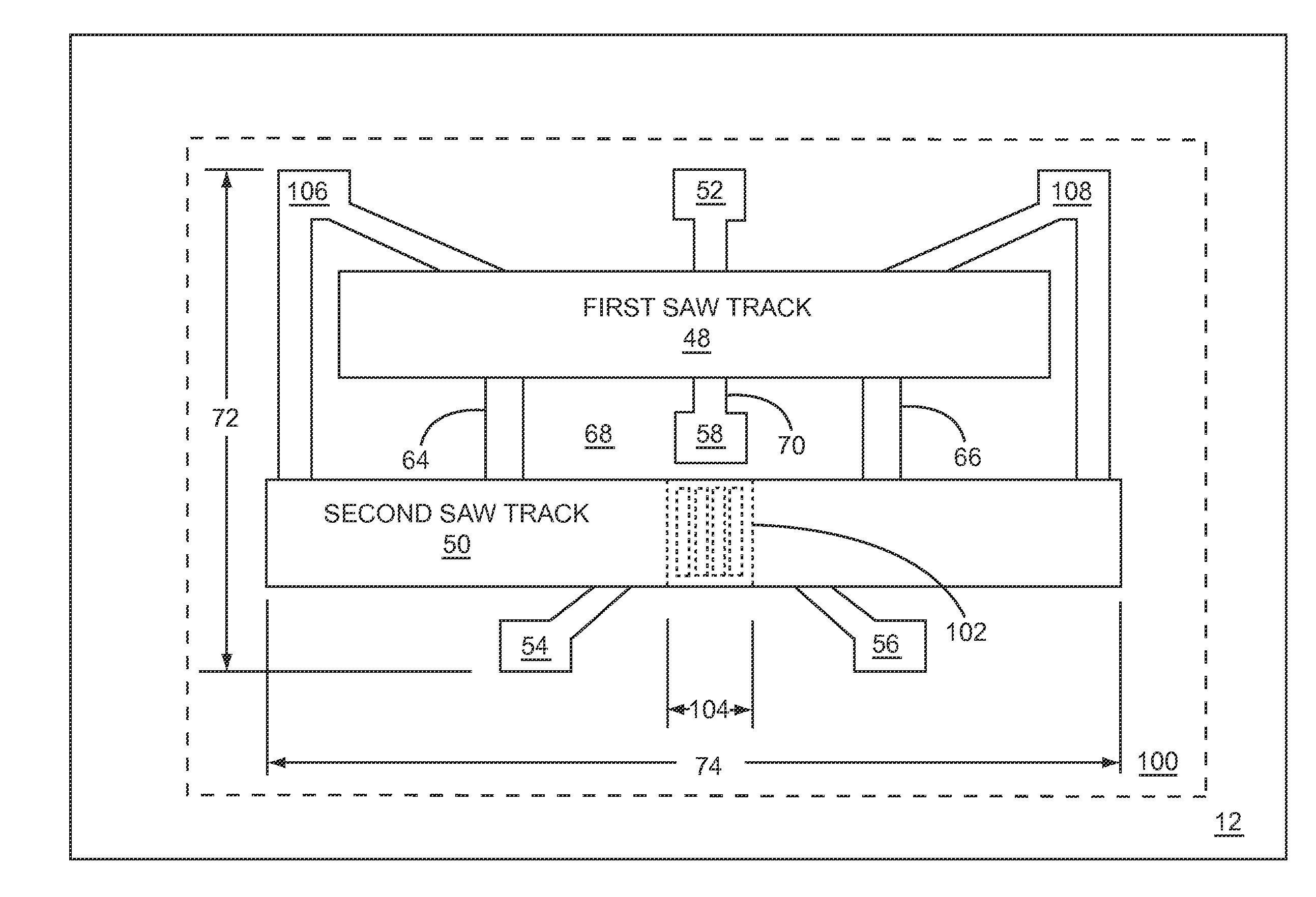 Two-track surface acoustic wave device with interconnecting grating