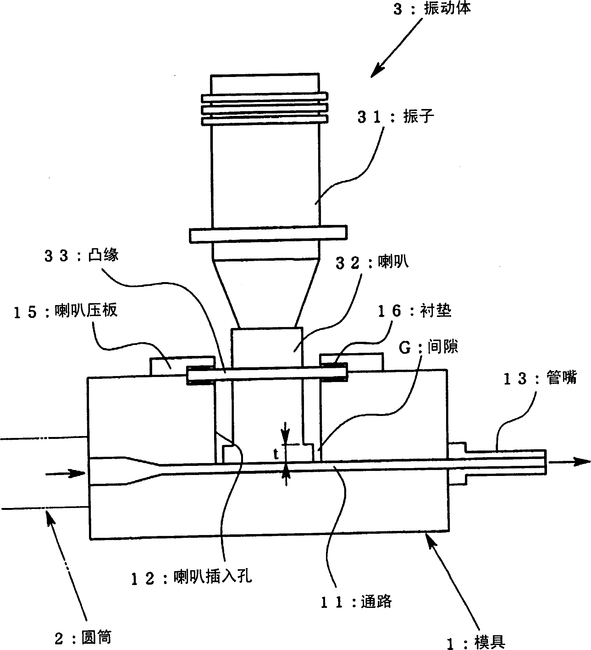 Device for imparting ultrasonic vibration to resin material, method of melt-molding resin material using the device, and resin composition