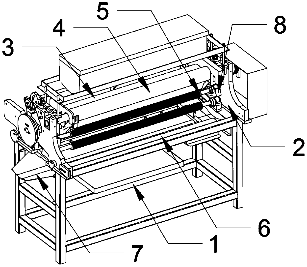 Paper pressing roller taking-out and loading device of tape-pasting part on Fida lathering machine