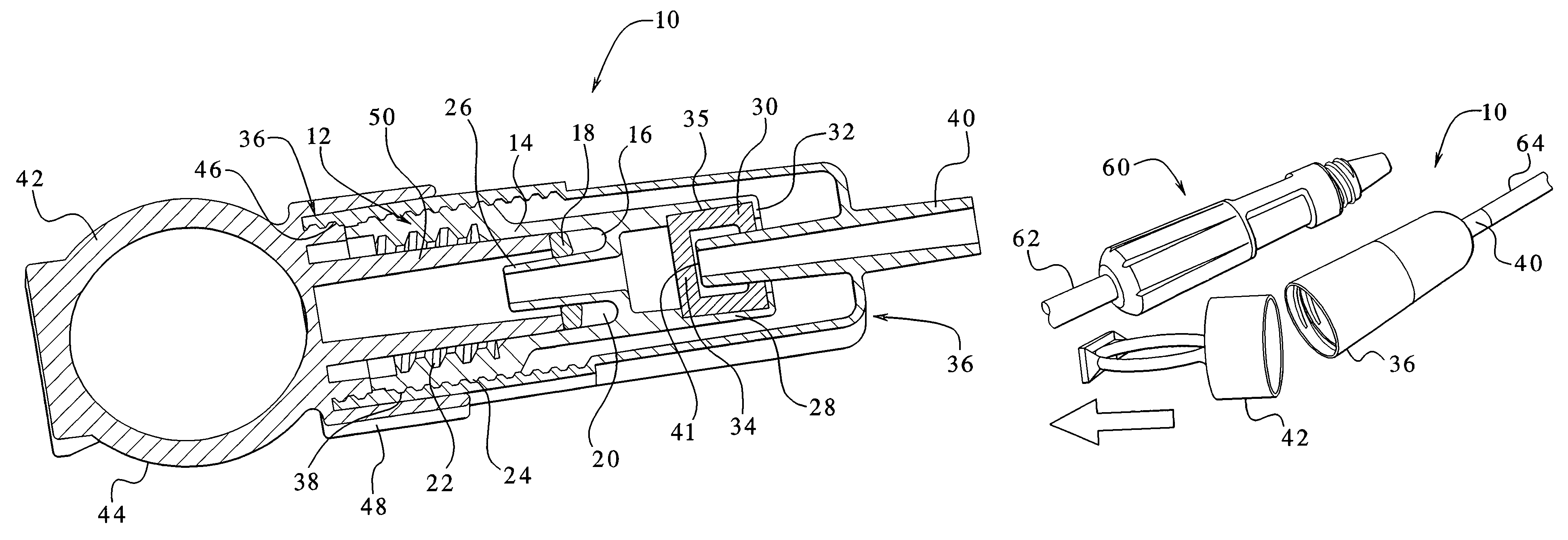 Dialysis connector with retention and feedback features