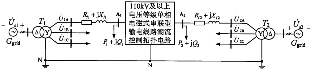 110kV and above voltage class single-phase electromagnetic series power transmission line power flow control topology circuit