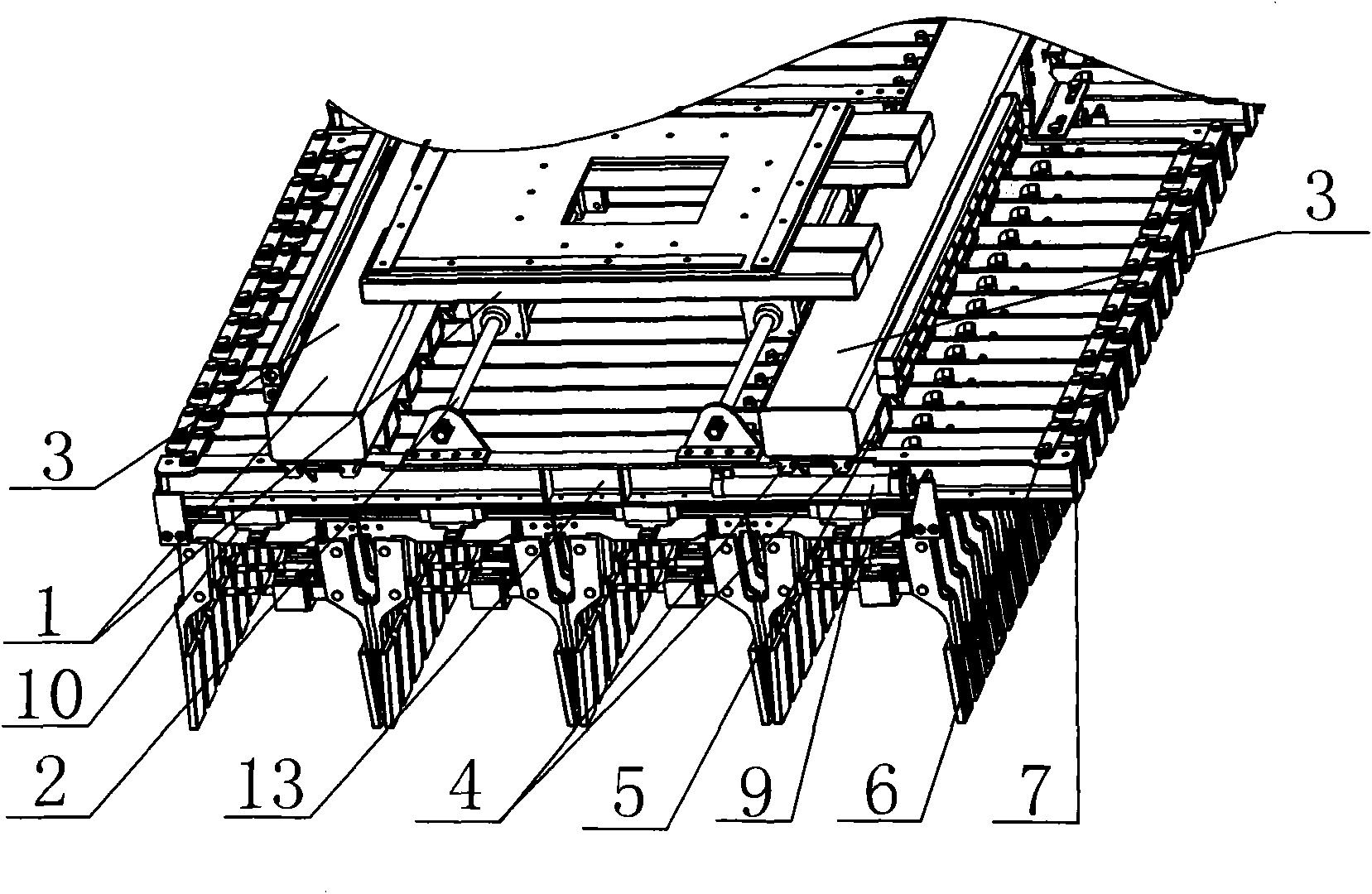 Brick grasping two-way closing device of unburned brick stacking machine