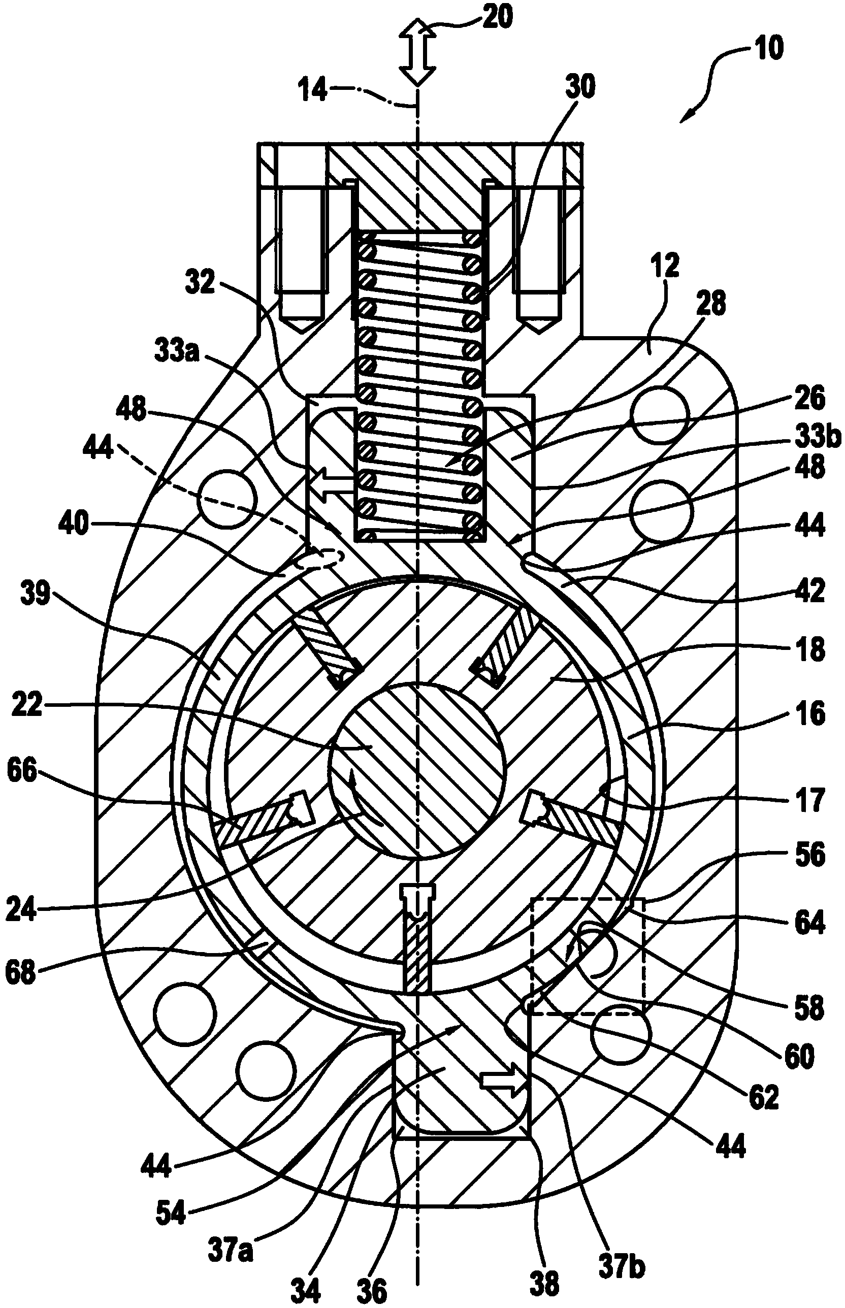 Vane-type pump having a housing, having a displaceable stator, and having a rotor that is rotatable within the stator