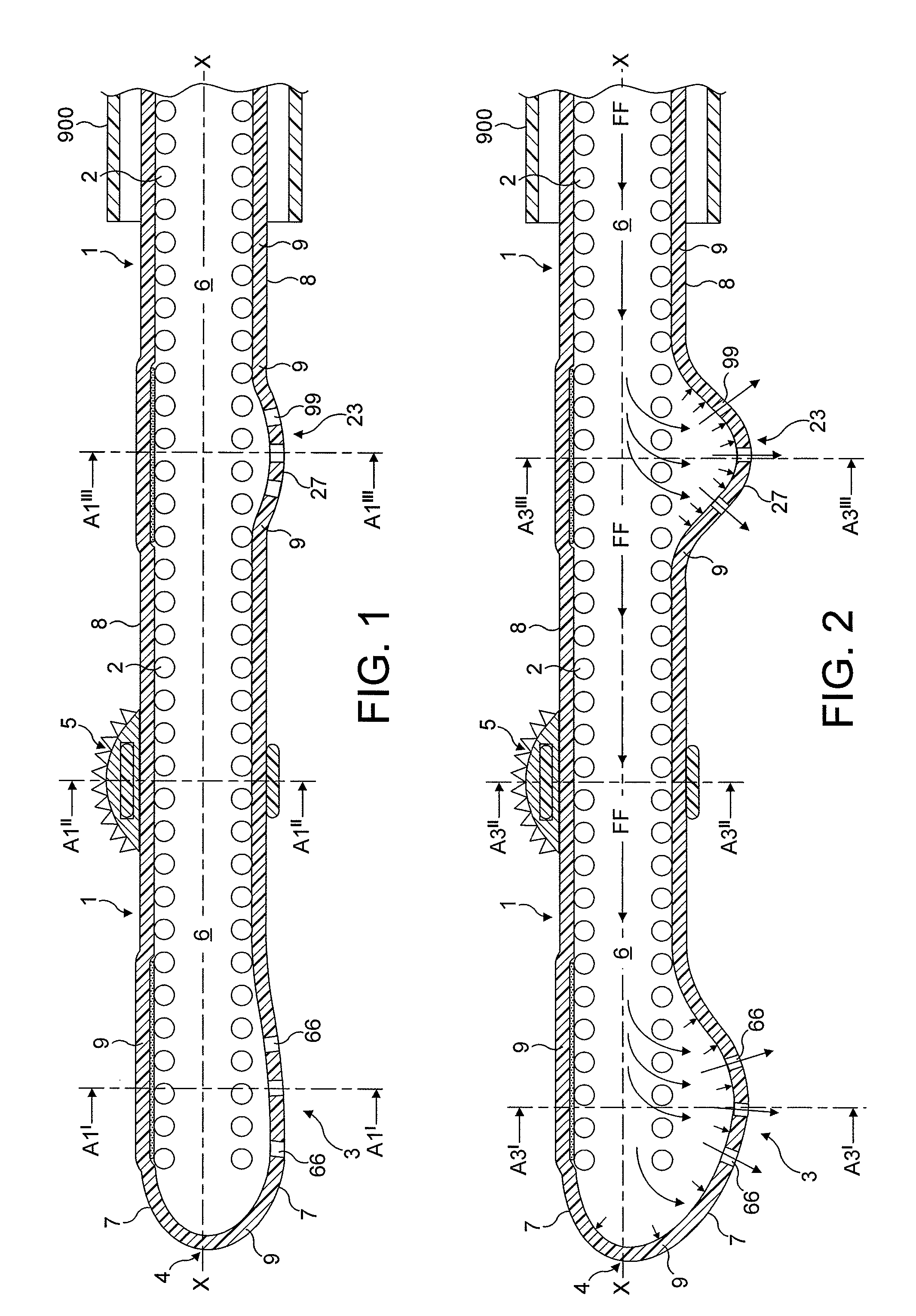 Rotational atherectomy device with fluid inflatable support elements and distal protection capability