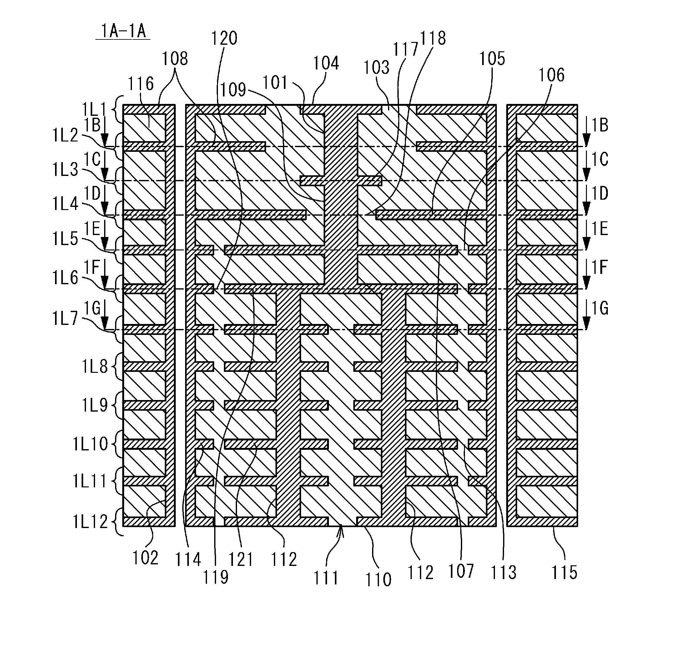 Via structures and compact three-dimensional filters with the extended low noise out-of-band area