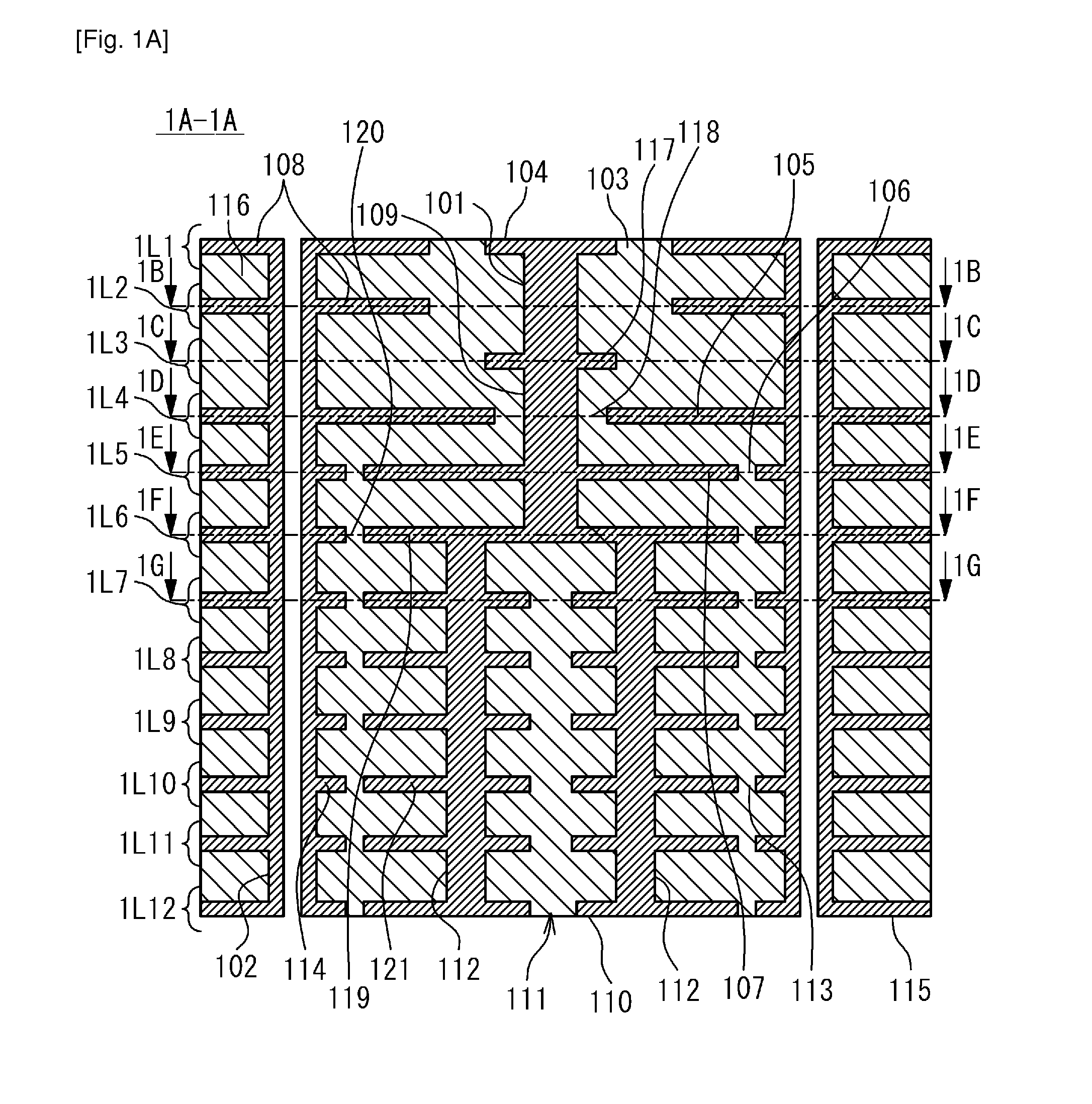 Via structures and compact three-dimensional filters with the extended low noise out-of-band area