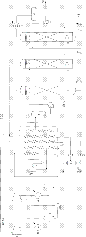 Method and device for carrying out liquefaction and heavy hydrocarbon treatment on natural gas