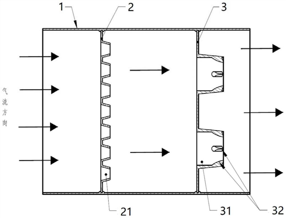 Airflow cooling and noise reduction device and compressor