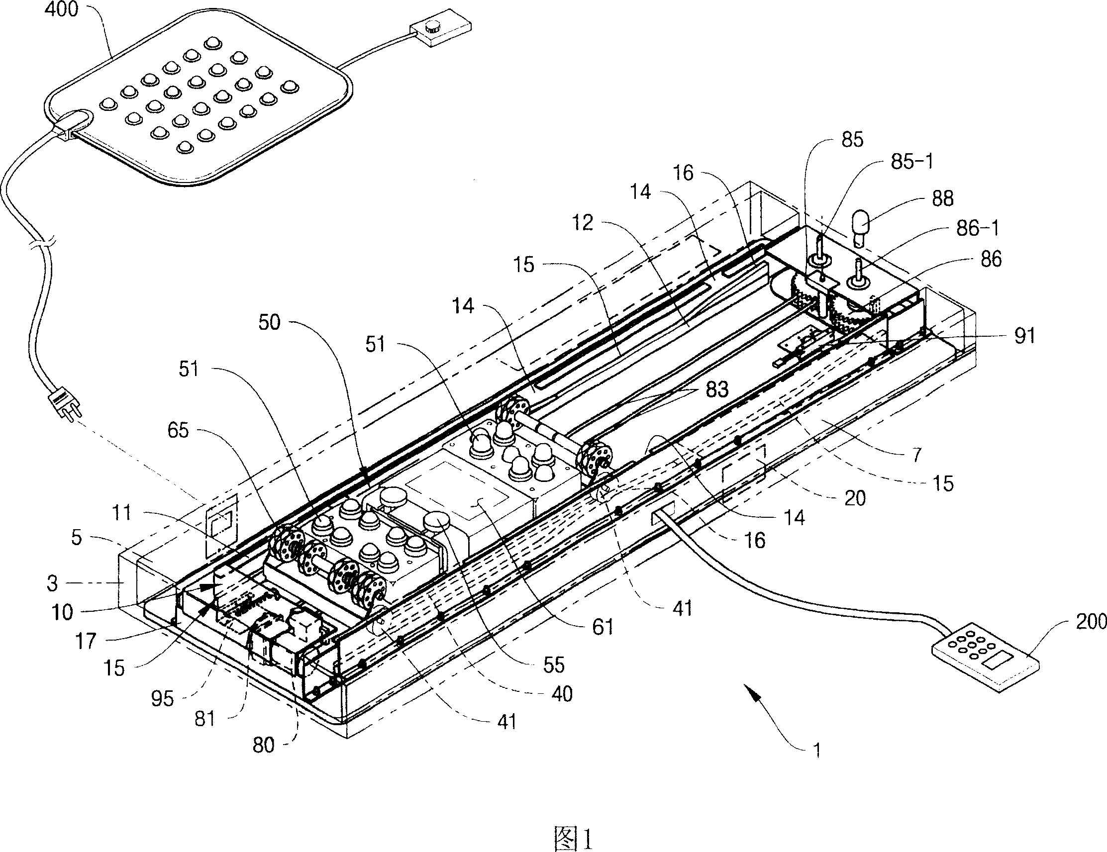 Warm massaging therapeutic machine transmission controlling device