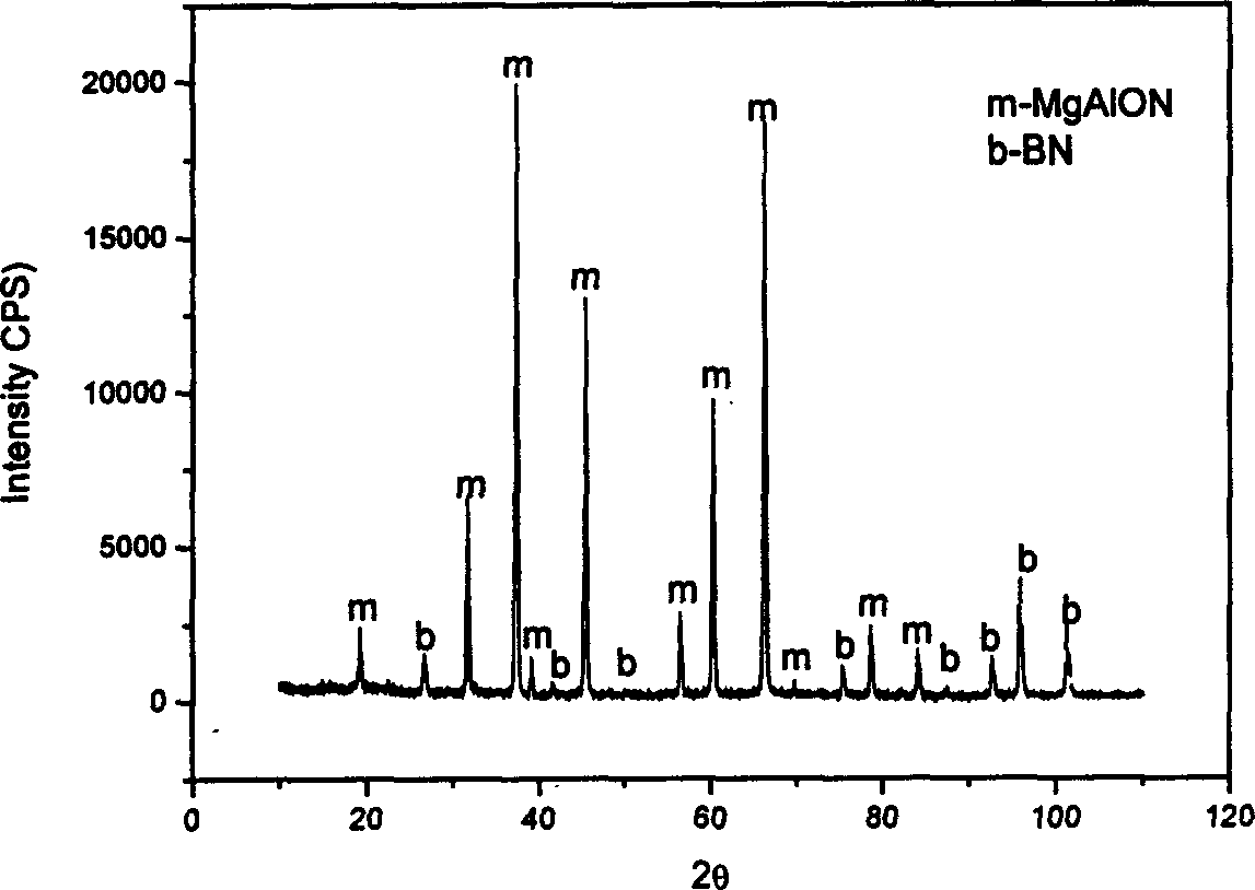 Aluminum magnesium oxynitride/boron nitride diphase refractory materials and preparing process thereof