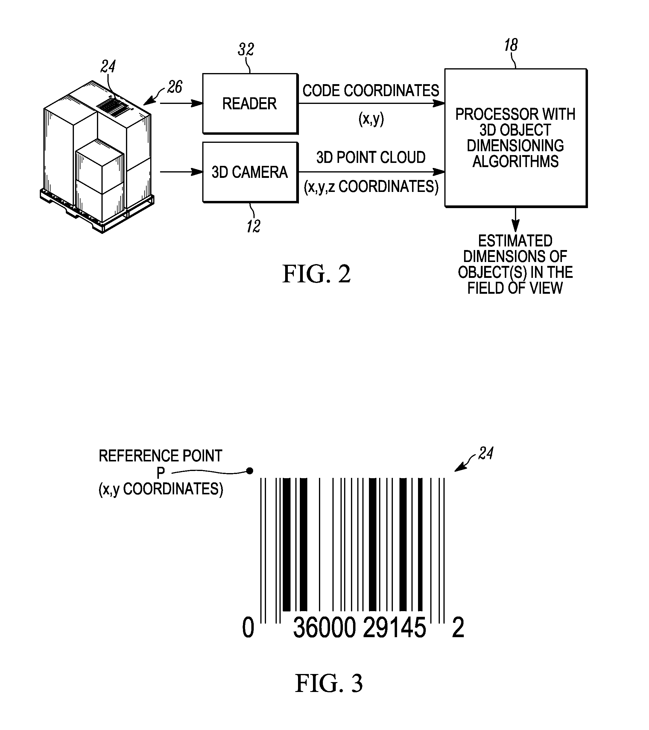 Apparatus for and method of estimating dimensions of an object associated with a code in automatic response to reading the code