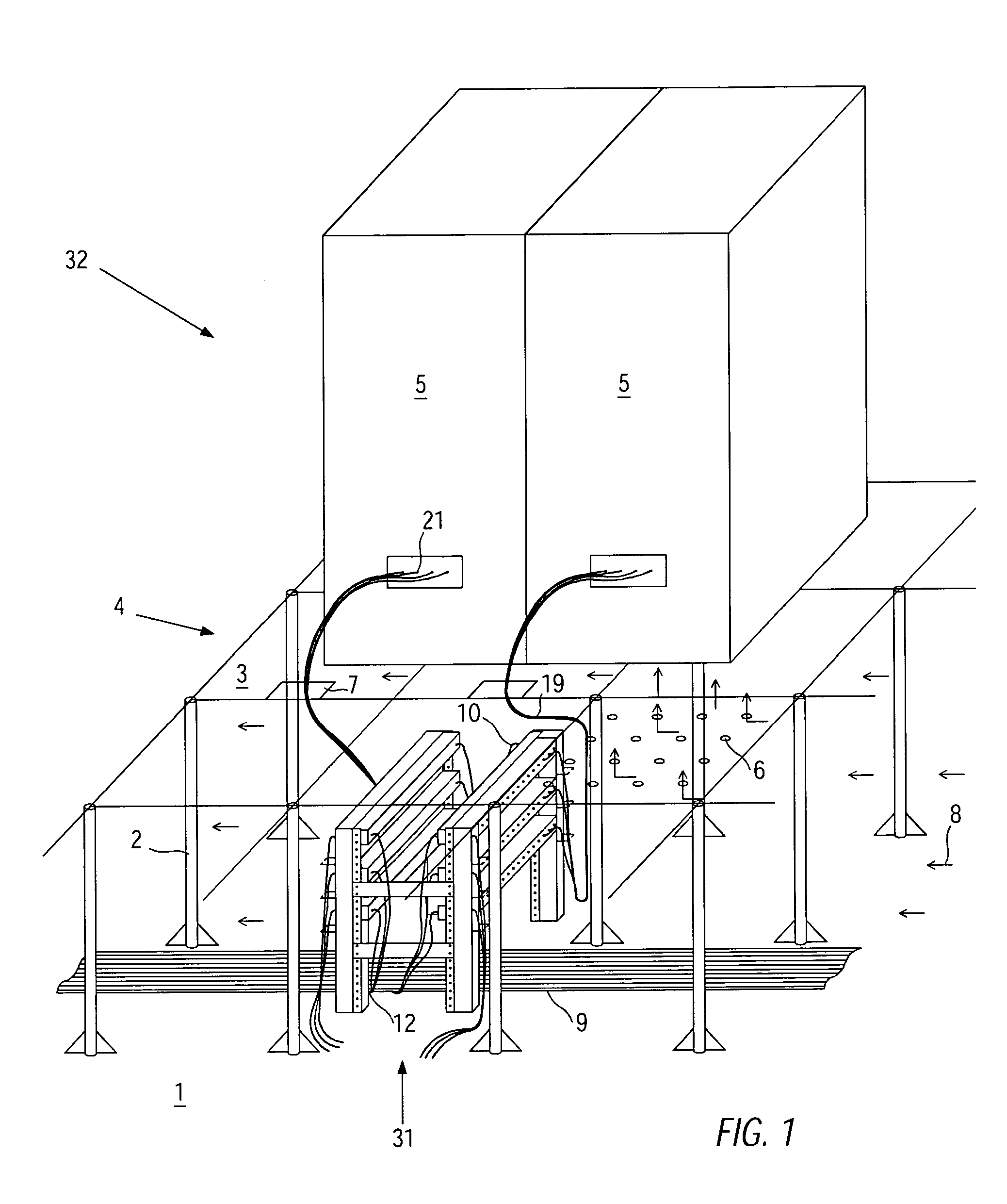 Underfloor cable junction unit and computer center equipped with such junction units