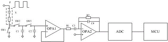 Ultra-low power consumption electrodeless resistance volume measurement circuit and method suitable for heart rhythm detection