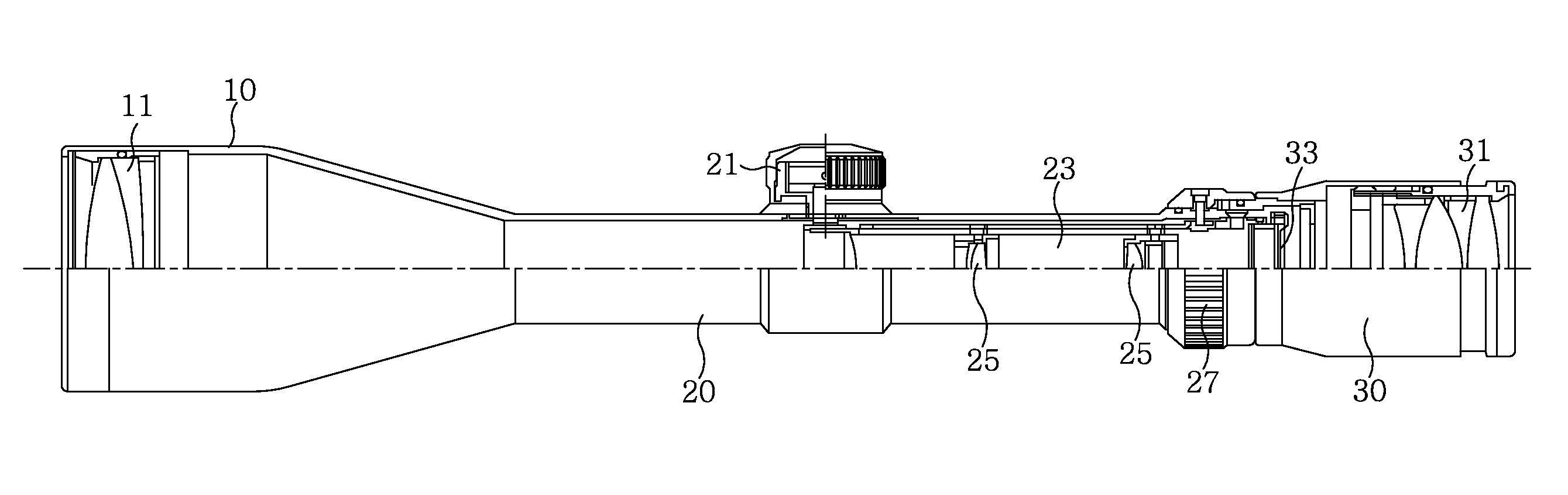 Variable magnification device and telescopic sight using the same