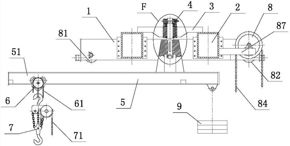 Hand-pulling driven cantilever crane with balancing counterweight