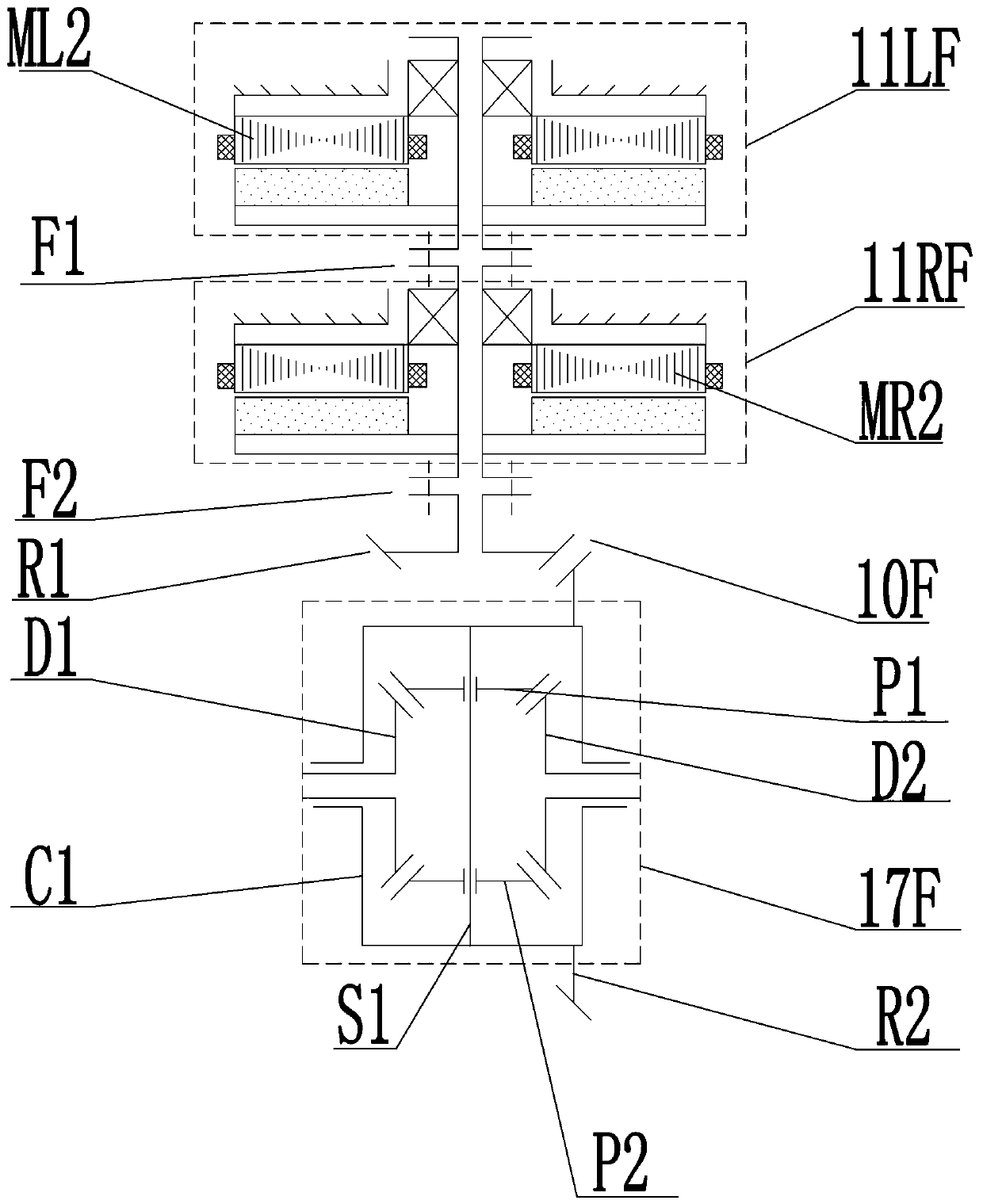 A four-wheel pure electric drive electric vehicle including a final drive and a differential