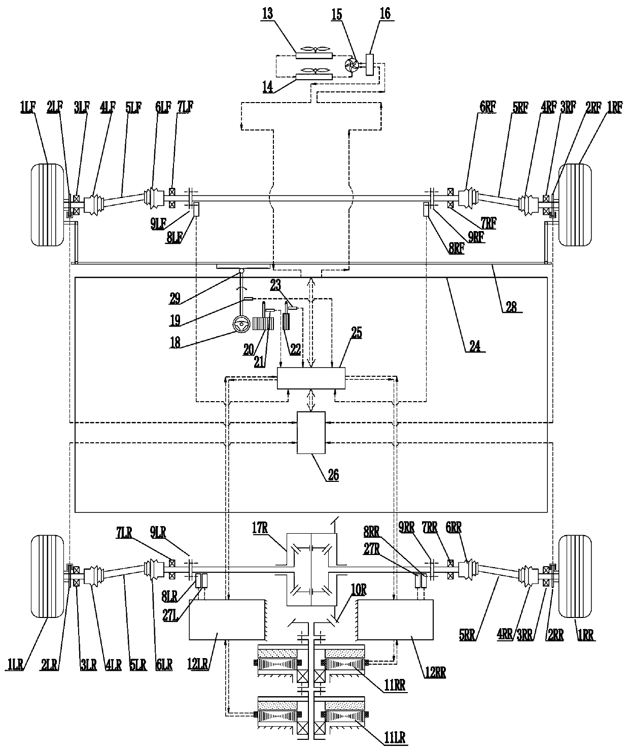 A four-wheel pure electric drive electric vehicle including a final drive and a differential