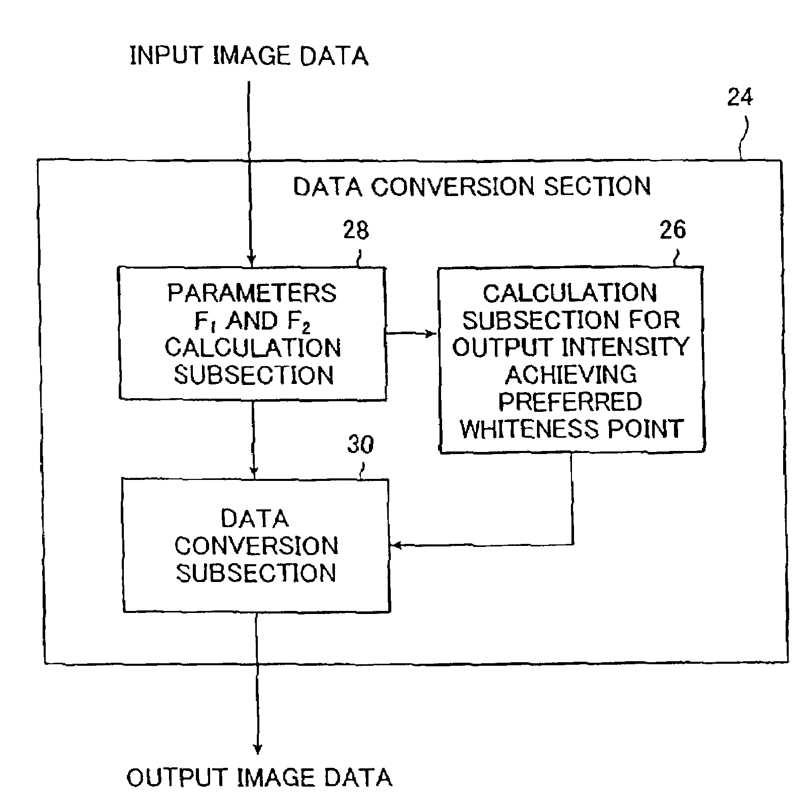 Image processing apparatus, method, and program performing chromatic and achromatic data conversion for a preferred whiteness in an image output