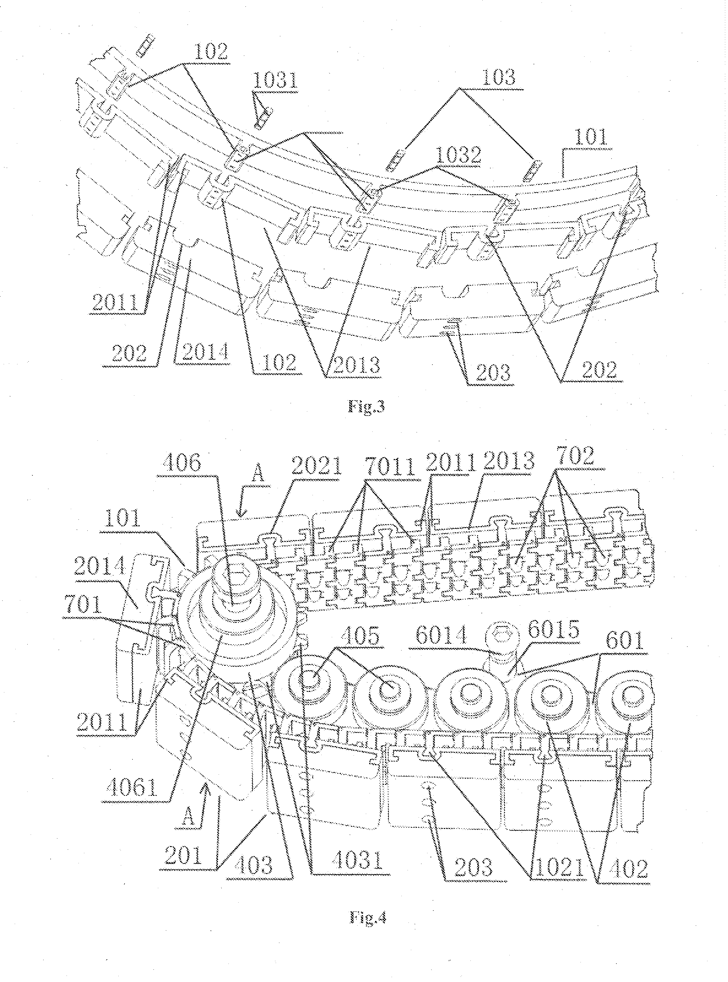 Track wheel with division of work between track and chain, methods for fitting pitch rails to flexible chain and for buffering pre-stress, and open-close type wheel axle