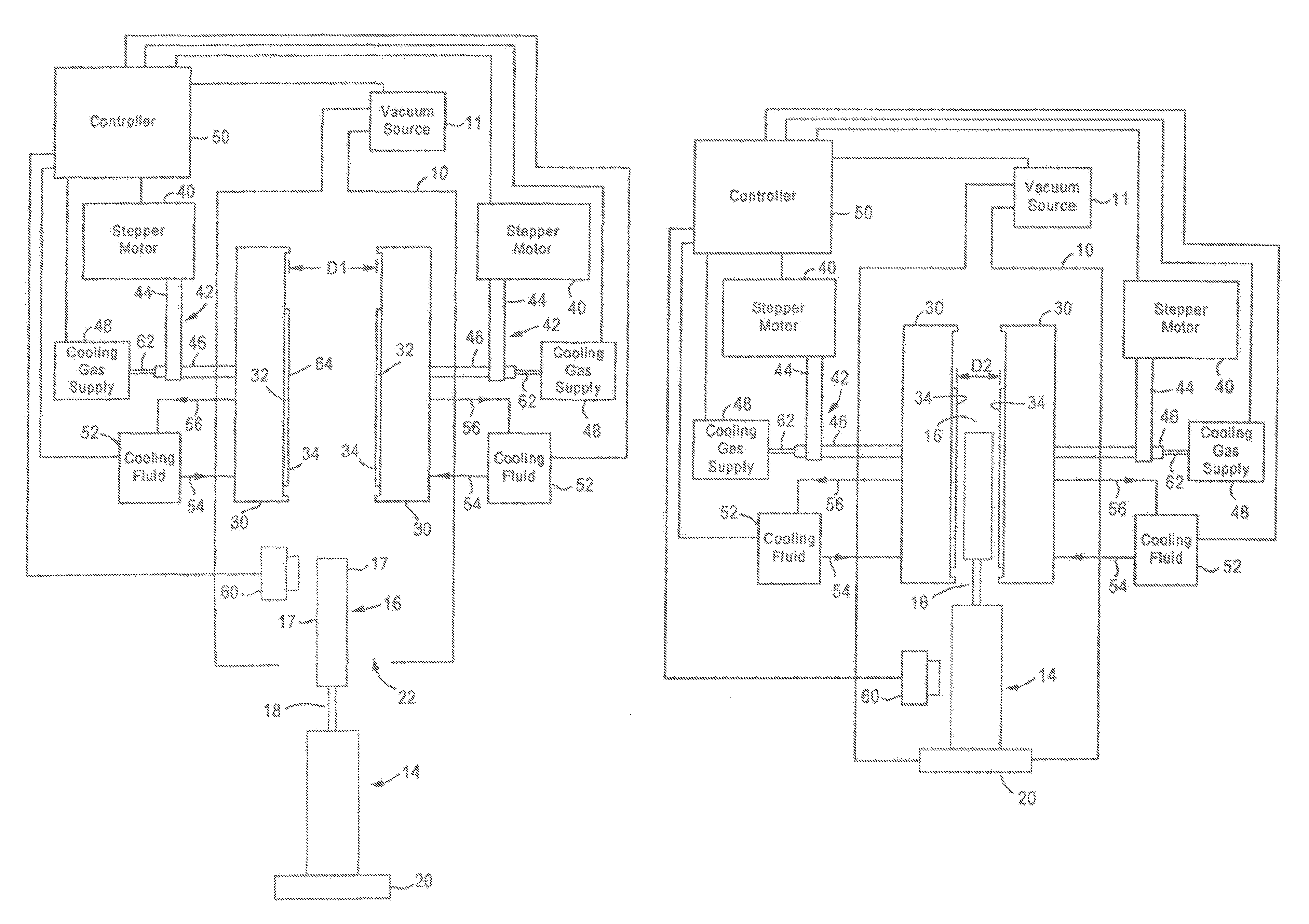 Method and apparatus for cooling a planar workpiece in an evacuated environment with dynamically moveable heat sinks