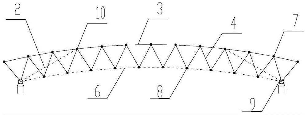 Double-layer column surface net shell with lower chord being prestressed stay rope