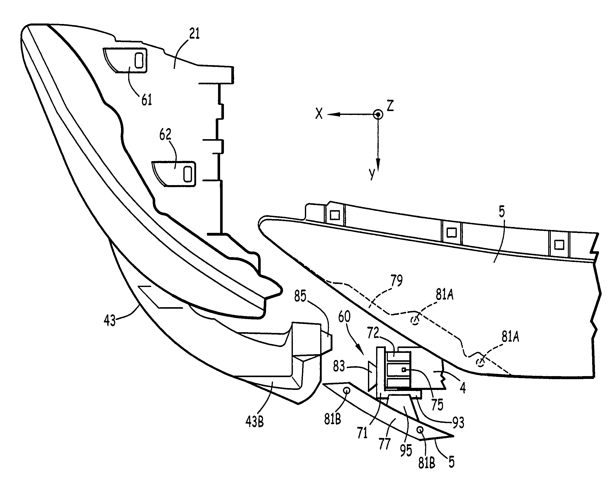 Motor vehicle front portion assembly provided with improved fastening and position-adjustment means, and a motor vehicle including such an assembly