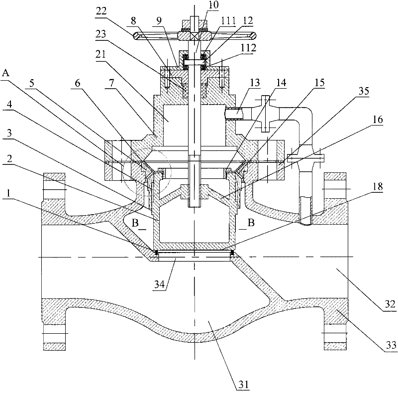 Self-balancing stop valve with piston type valve core and hidden rod