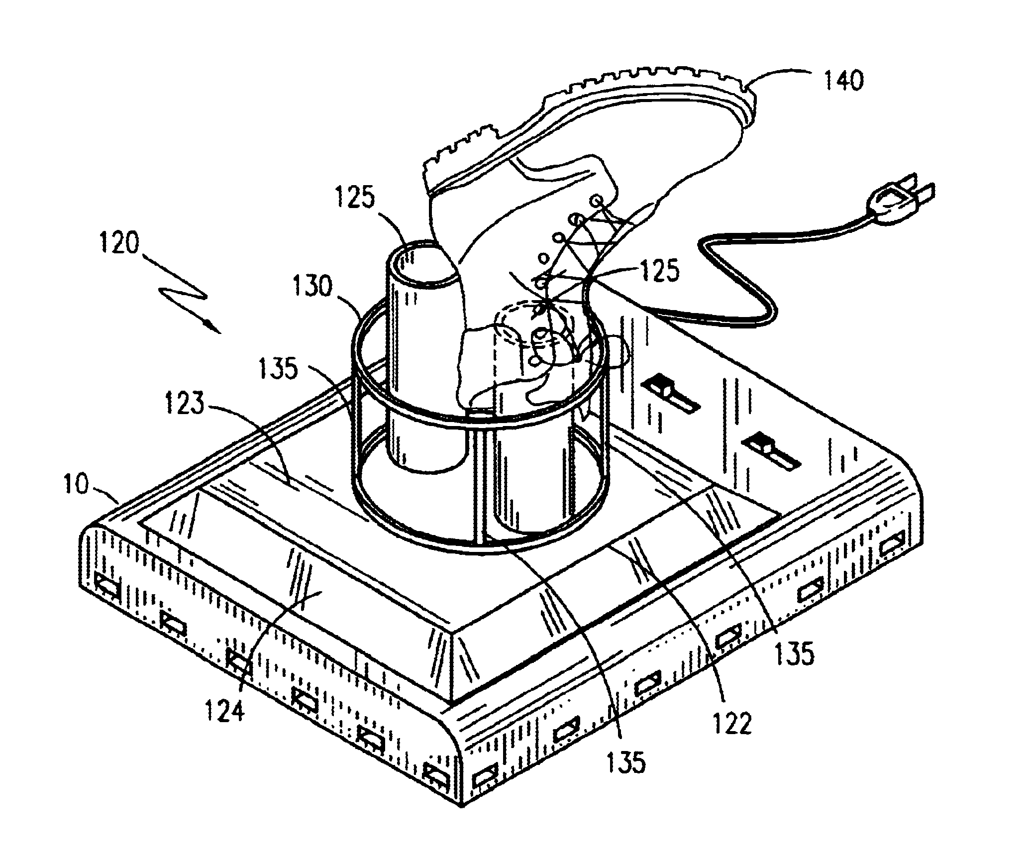 Dryer and atomized medicinal liquid apparatus for feet with shoe drying attachment