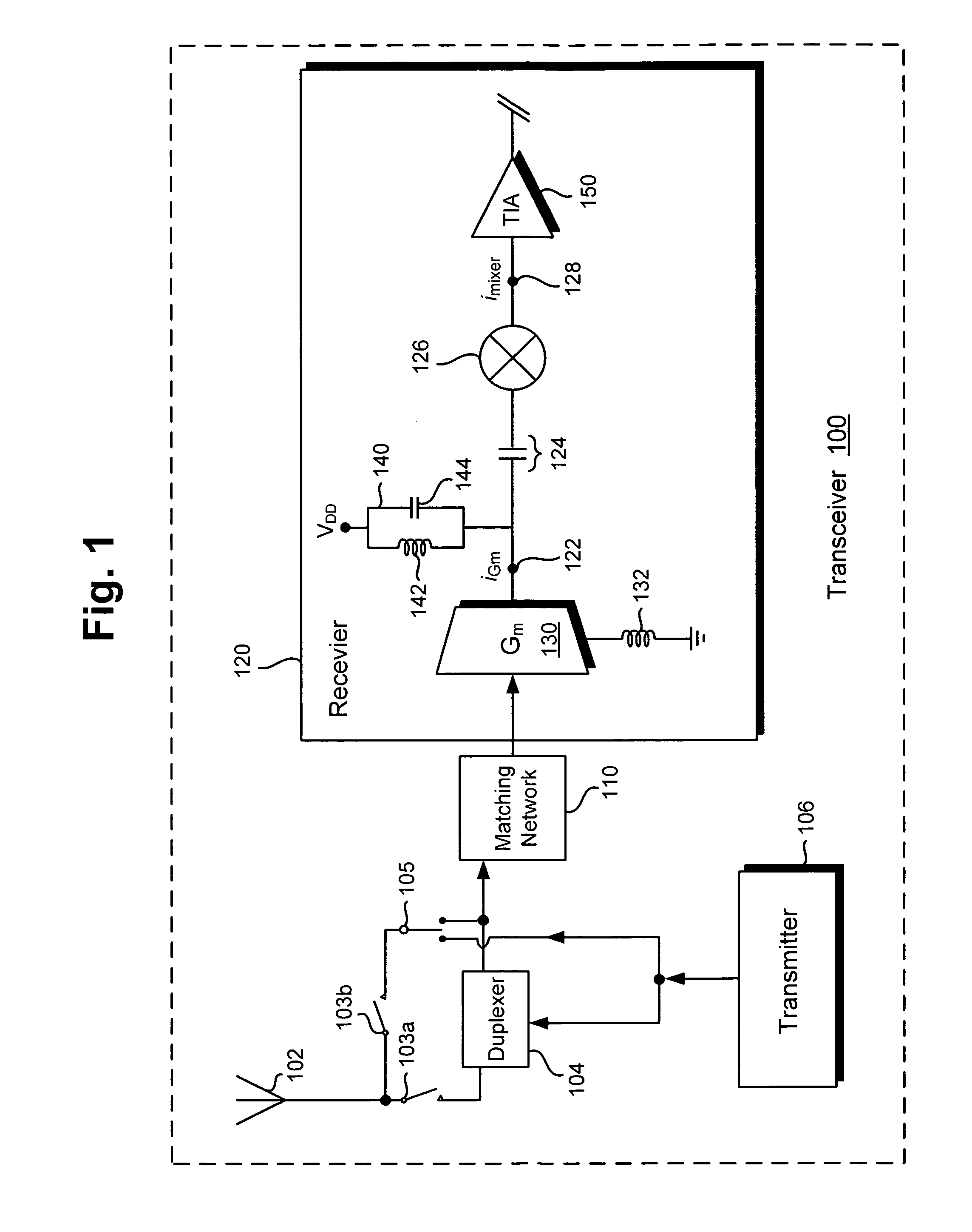 Concurrent impedance and noise matching transconductance amplifier and receiver implementing same