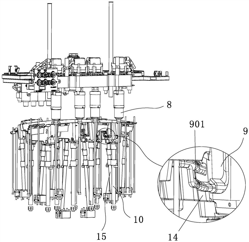 Multi-point straight ejection glue feeding mechanism of injection mold