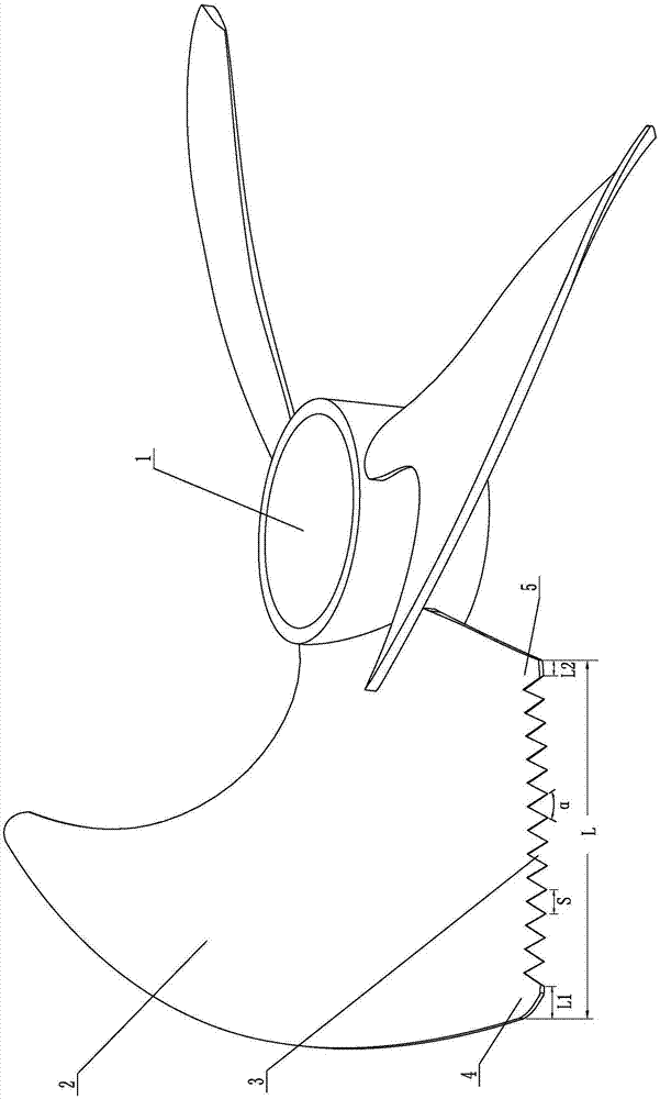 Zigzag noise reduction axial flow blade