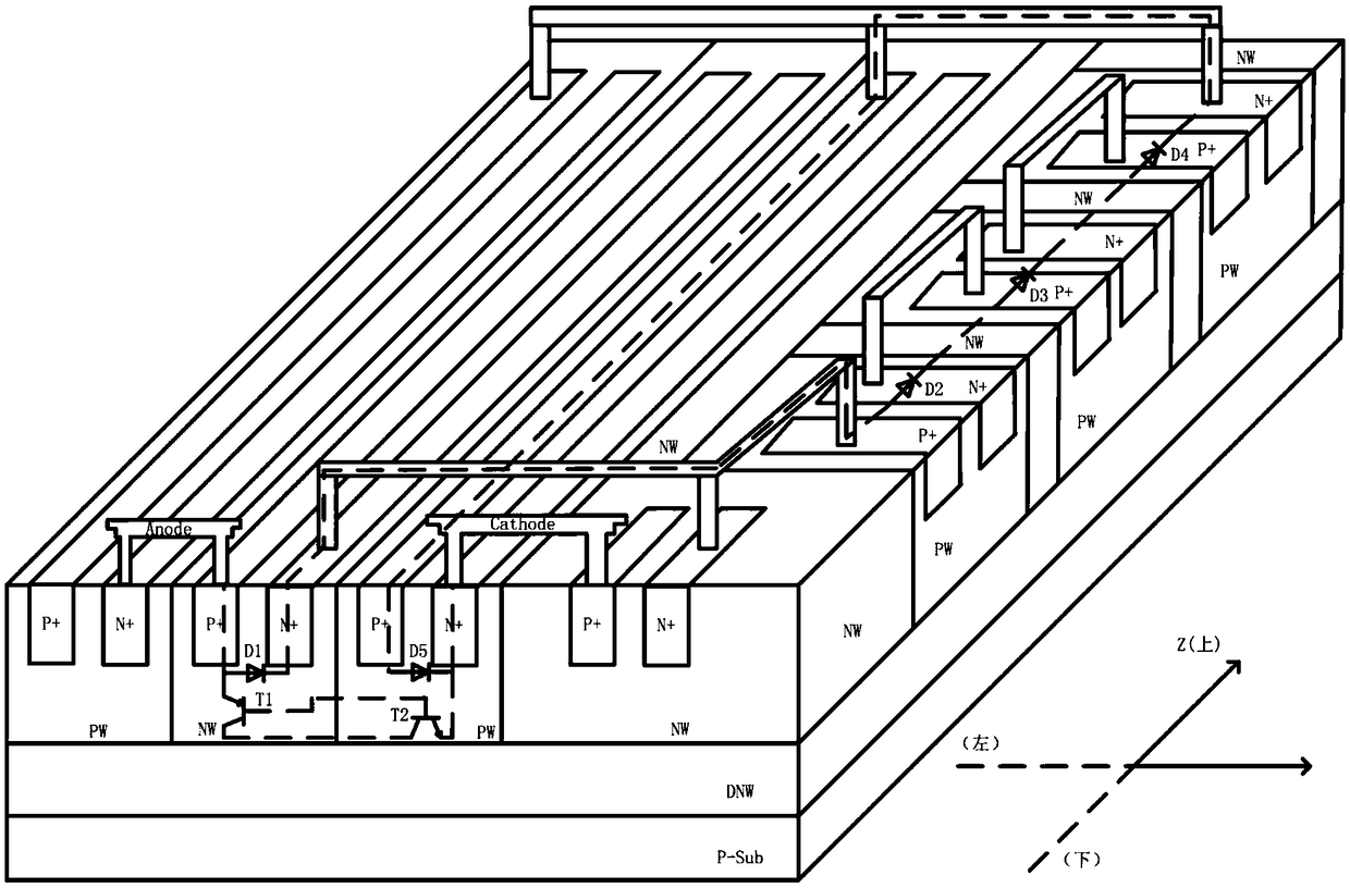 ESD protection device with bidirectional diode--string-triggered SCR structure