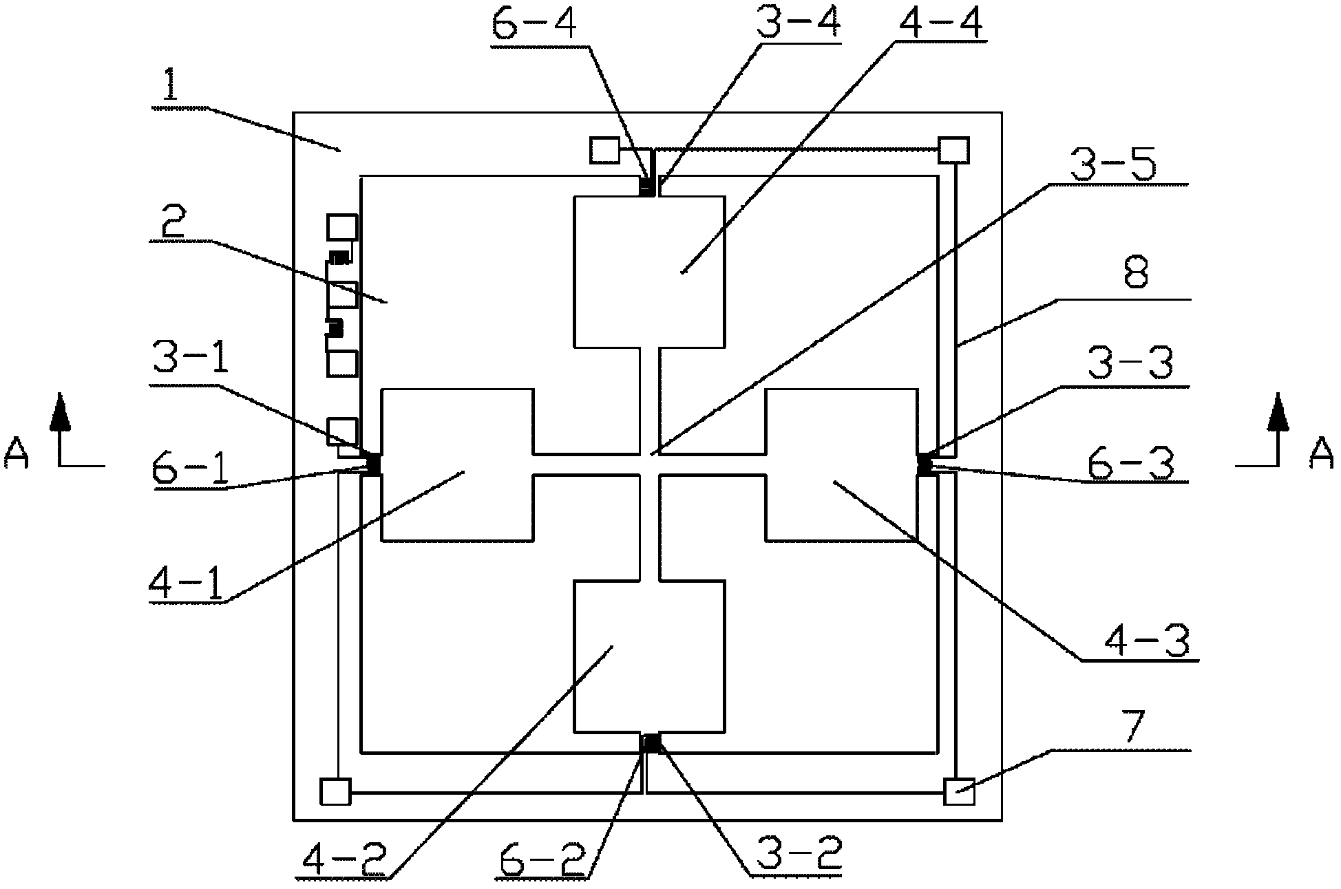 Beam-film four-land structured micro-pressure high-overload sensor chip