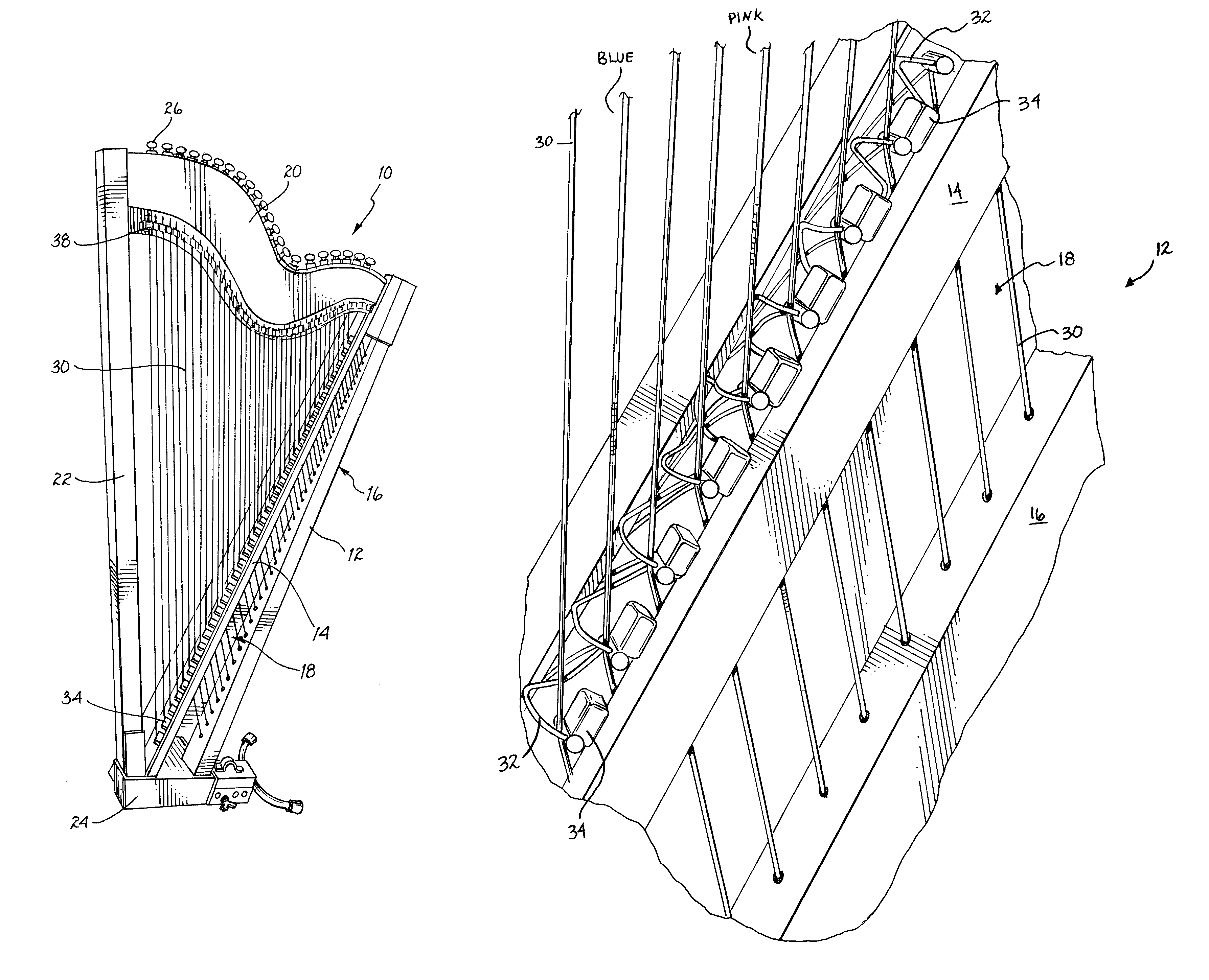 Harp with exposed soundboard and separate bridges and method of altering the pitch of the harp strings