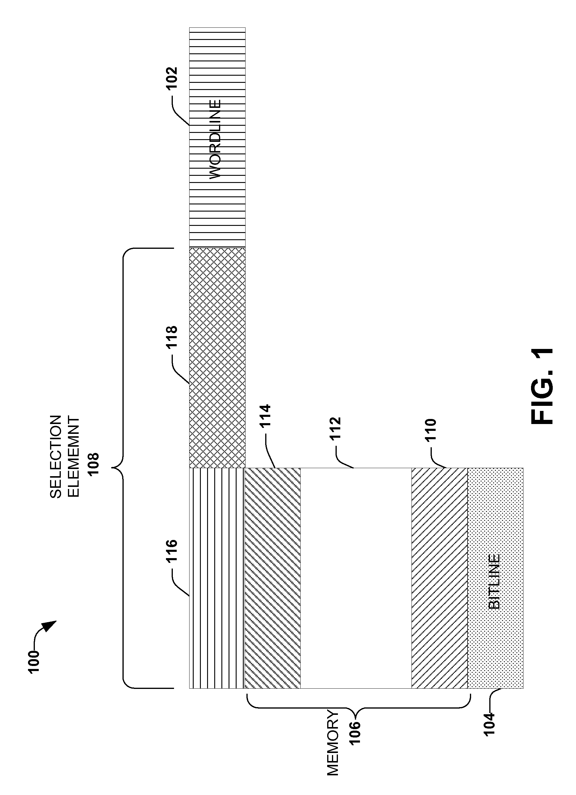 Memory device with a selection element and a control line in a substantially similar layer