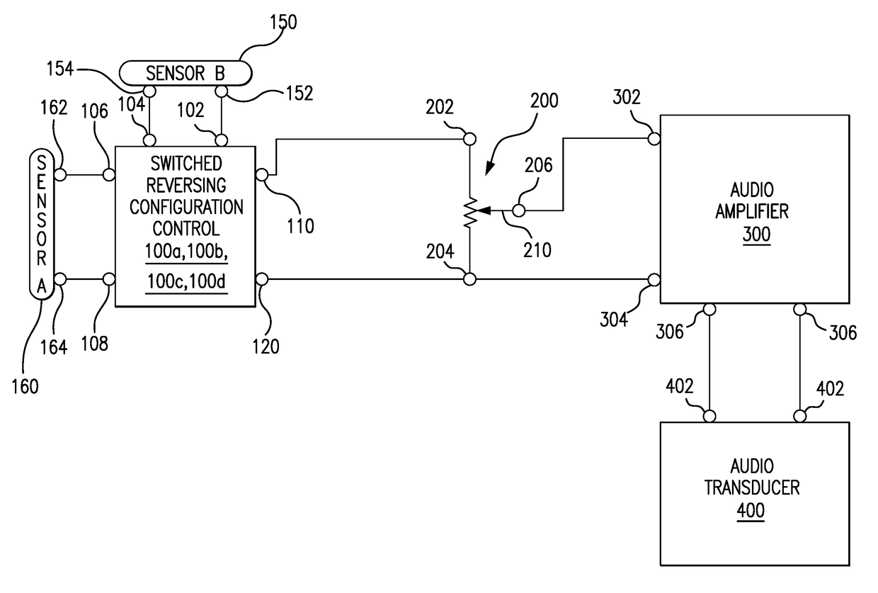 Switched reversing configuration control for string instruments and boost circuit therefor