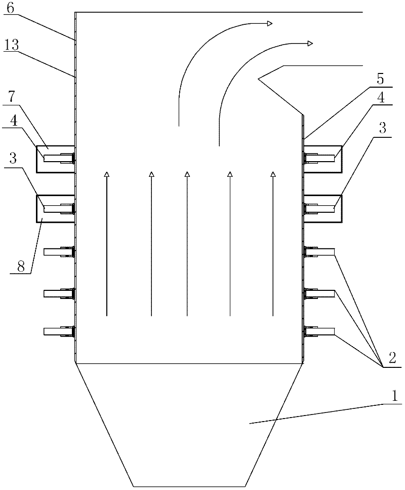 Wall-type arranged two-stage burn-up air device